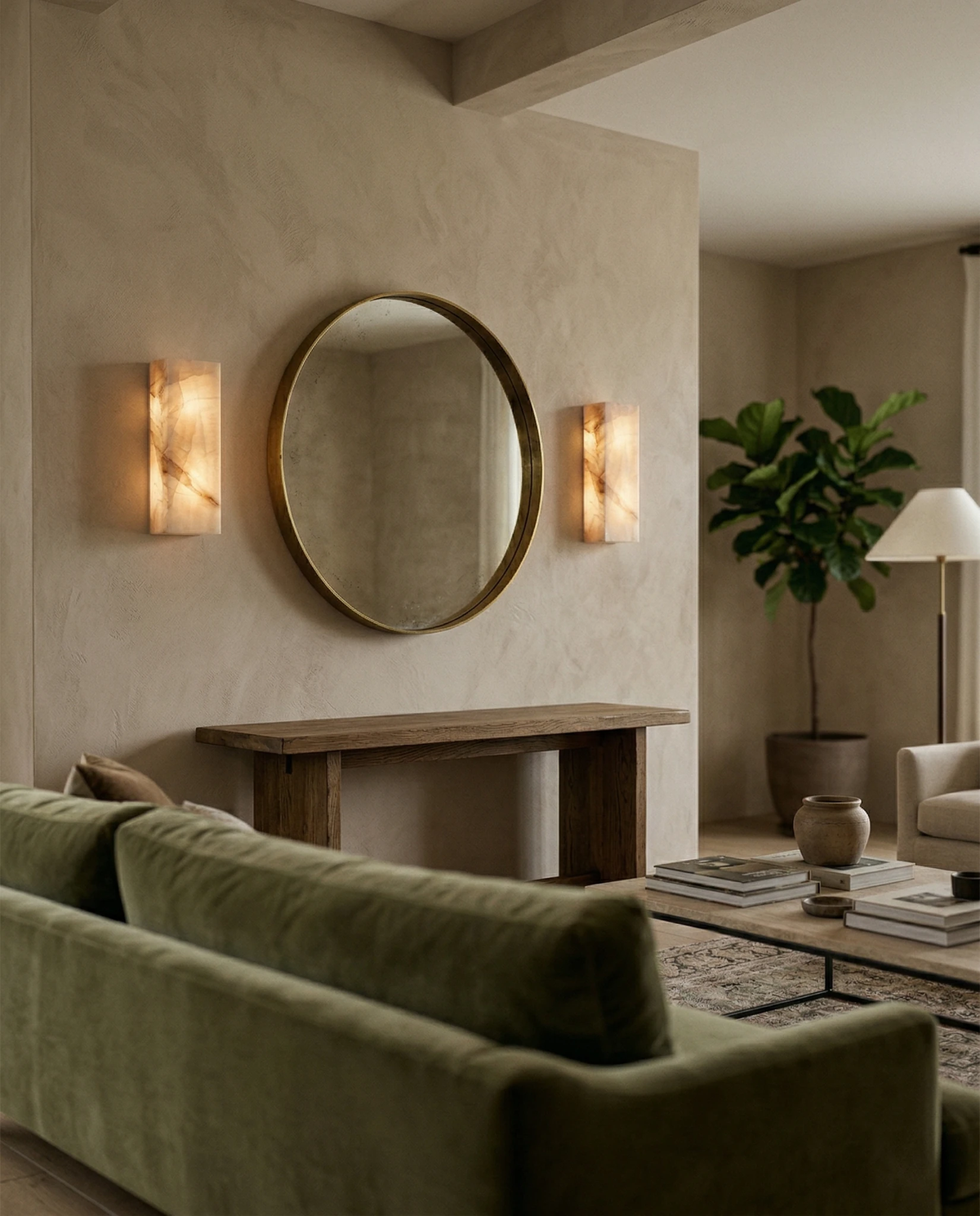 Two alabaster wall sconces ALABA No.03 lit around a round brass mirror above a console behind a green sofa