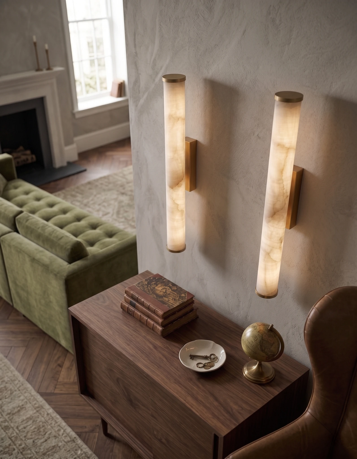 Pair of alabaster wall sconces NEBBIA No.01 lit above a walnut sideboard beside a green sofa in a living room