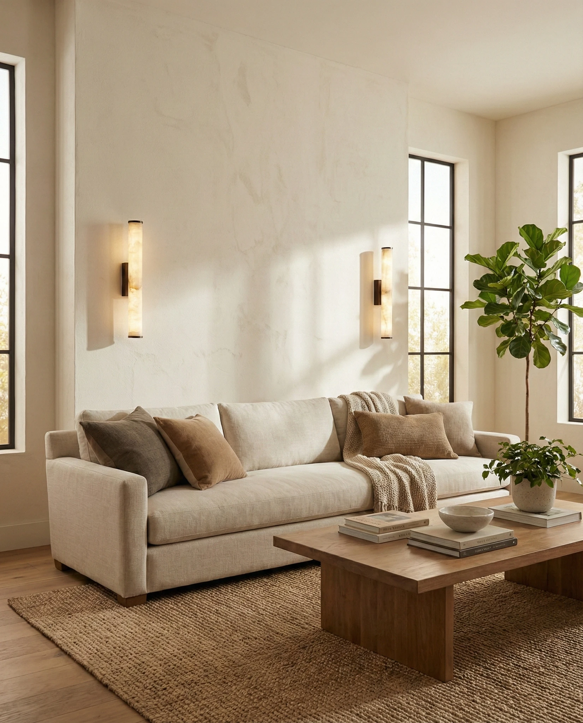 Two alabaster wall sconces NEBBIA No.01 lit between tall windows above a cream sofa and a wood coffee table