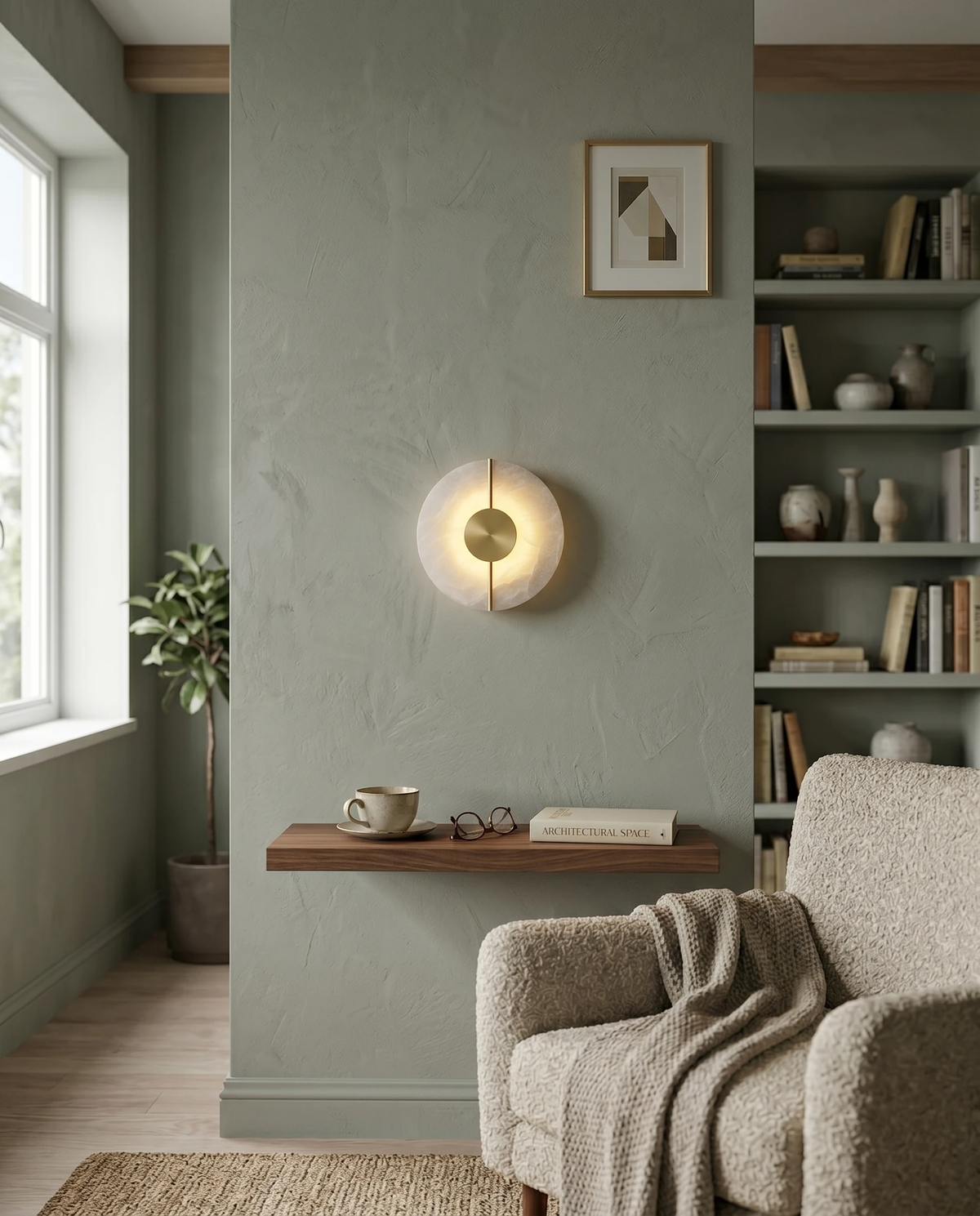 Alabaster wall sconce OLIVA No.03 lit on a sage green wall above a floating walnut shelf next to built-in bookshelves