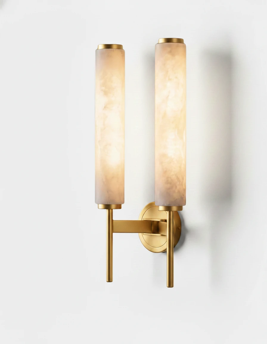 Twin-arm alabaster wall sconce ALABA No.01 with brushed brass bracket