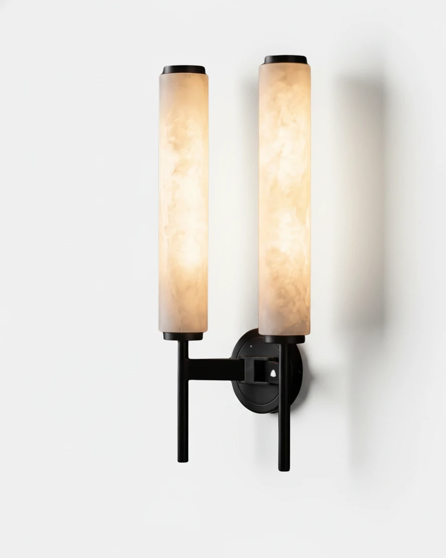 Twin-arm alabaster wall sconce ALABA No.01 with matte black bracket