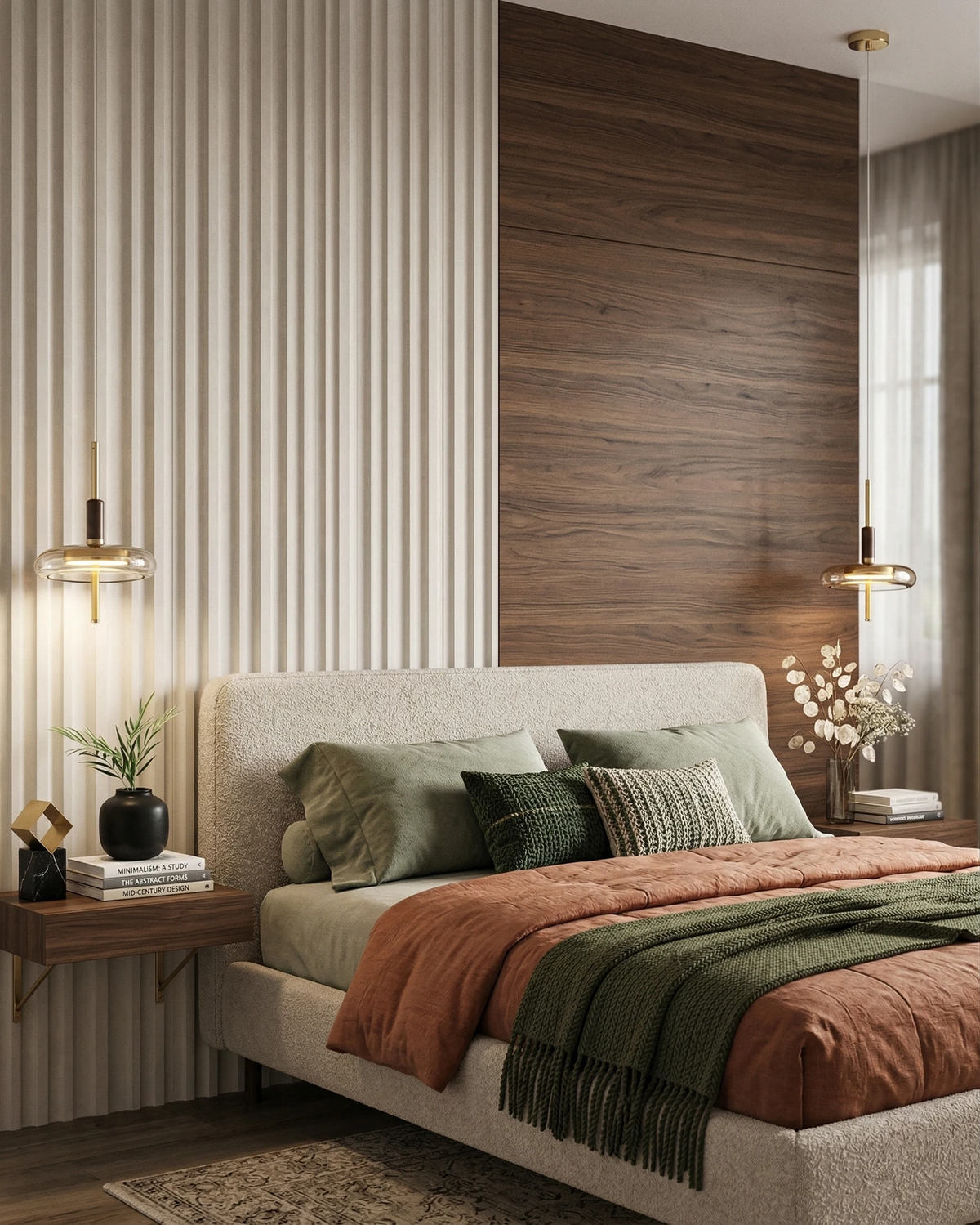 Amber glass pendant light NOCE No.01, two pendants lit either side of a bed with a wood panel headboard wall