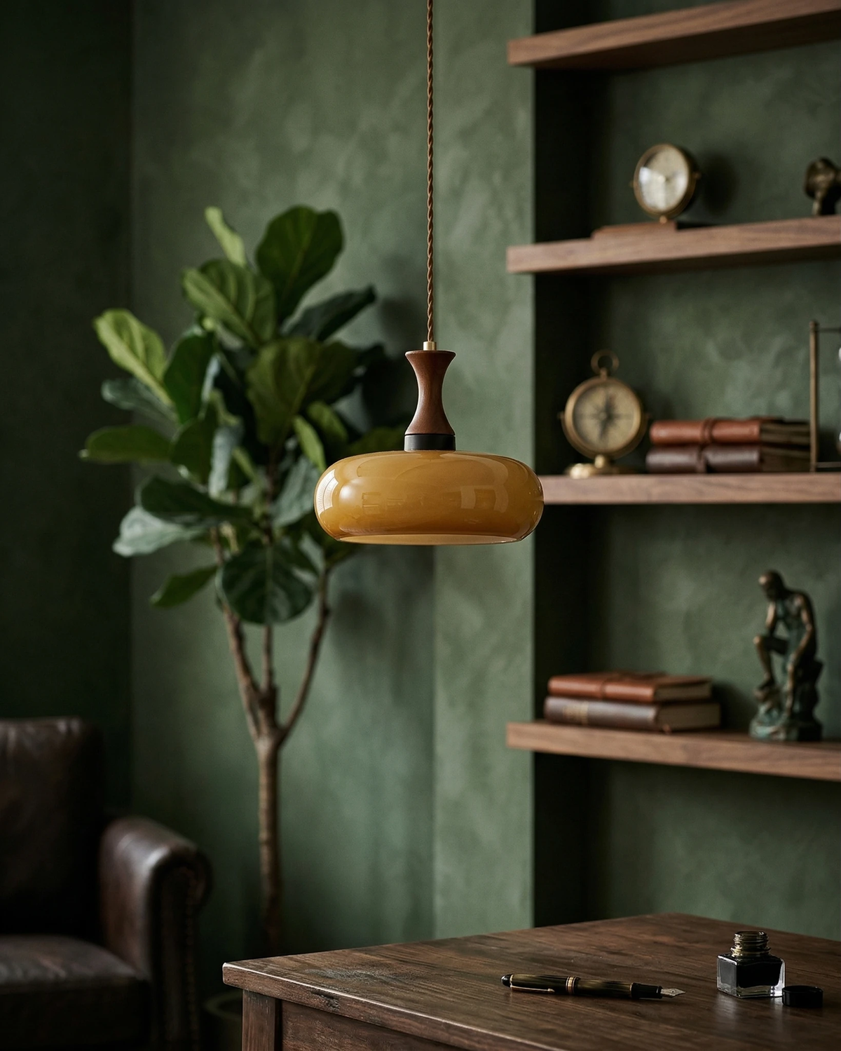Amber glass pendant light OVIA No.04, disc shade lit against a green wall with open wood shelves