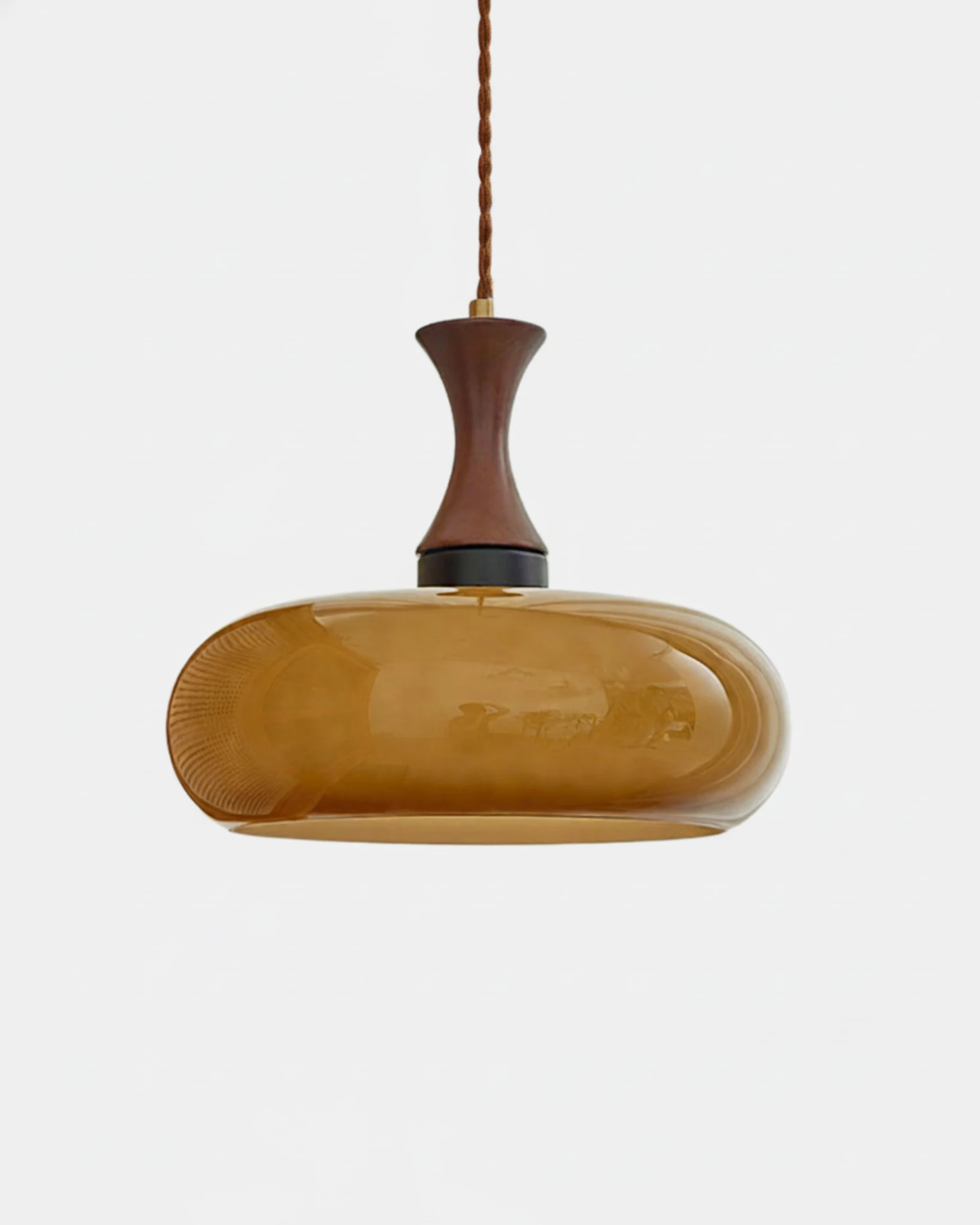 Amber glass pendant light OVIA No.04 in the Disc shape, flat amber glass shade on a walnut stem, unlit
