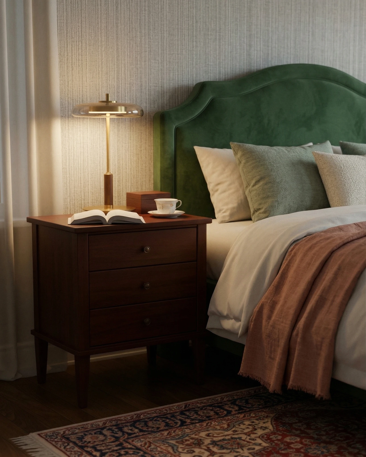 Amber glass table lamp TARO No.02 glowing on a walnut nightstand next to a green upholstered bed