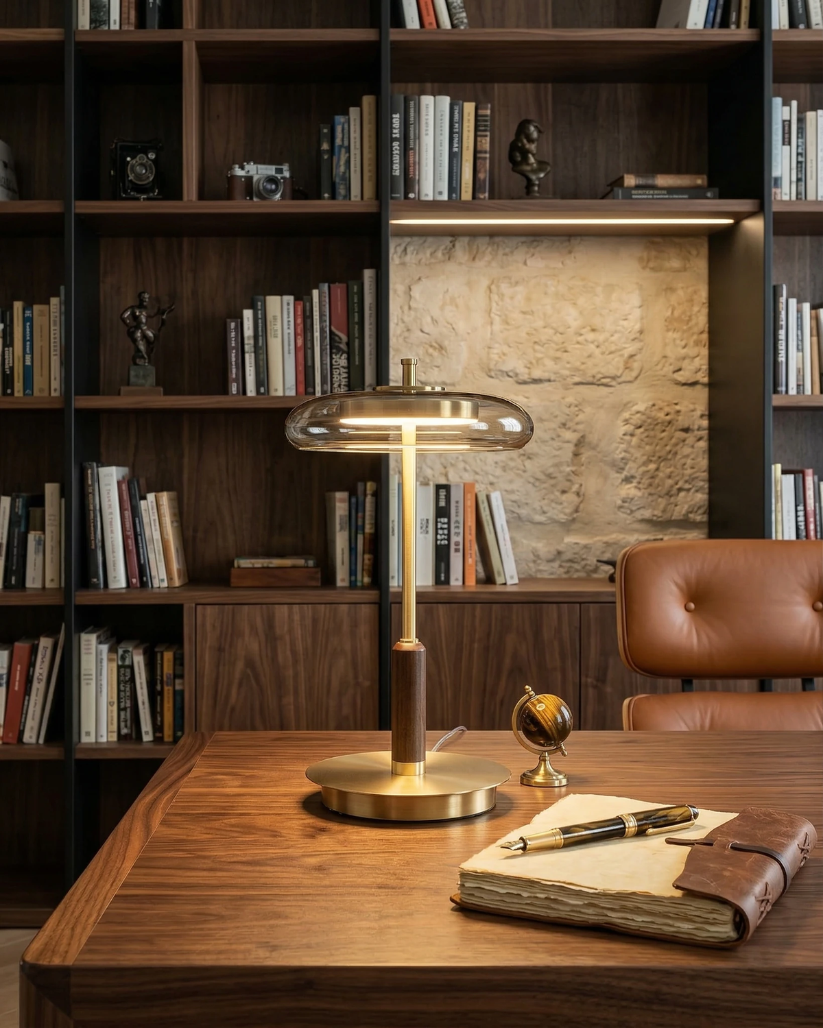 Amber glass table lamp TARO No.02 switched on over a walnut desk with a journal, in front of a wall of books