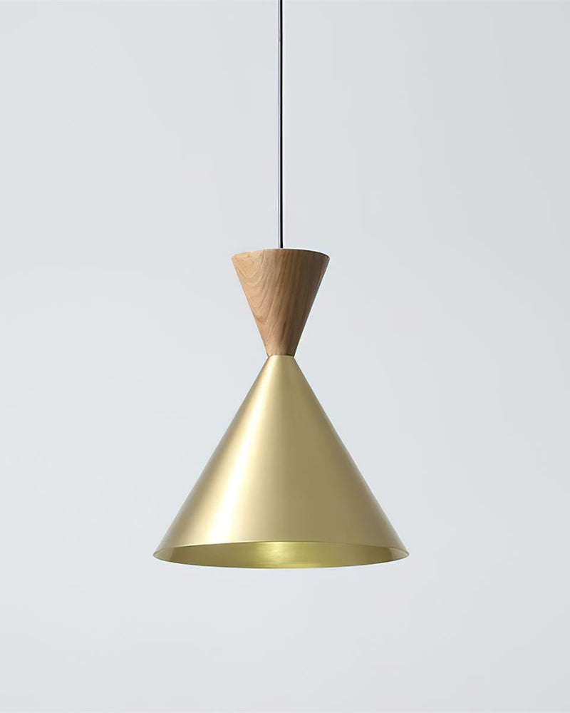 Brass pendant light TARO No.01 in brushed brass, cone shade topped with a walnut cone on a black cord, unlit