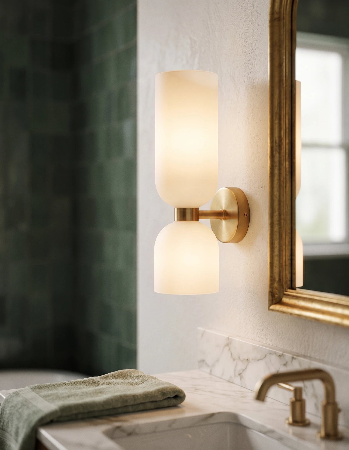 Brass wall sconce DALIA No.01 with opal glass lit beside a gilt mirror on green zellige tile above a marble sink