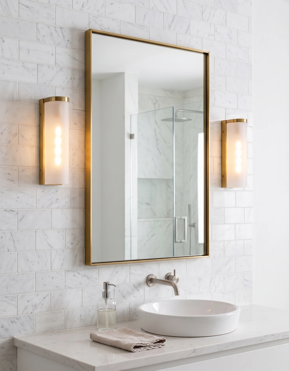 Brass wall sconce PILA No.01 in frosted glass and antique brass, a lit pair flanking a brass-framed mirror over a white sink