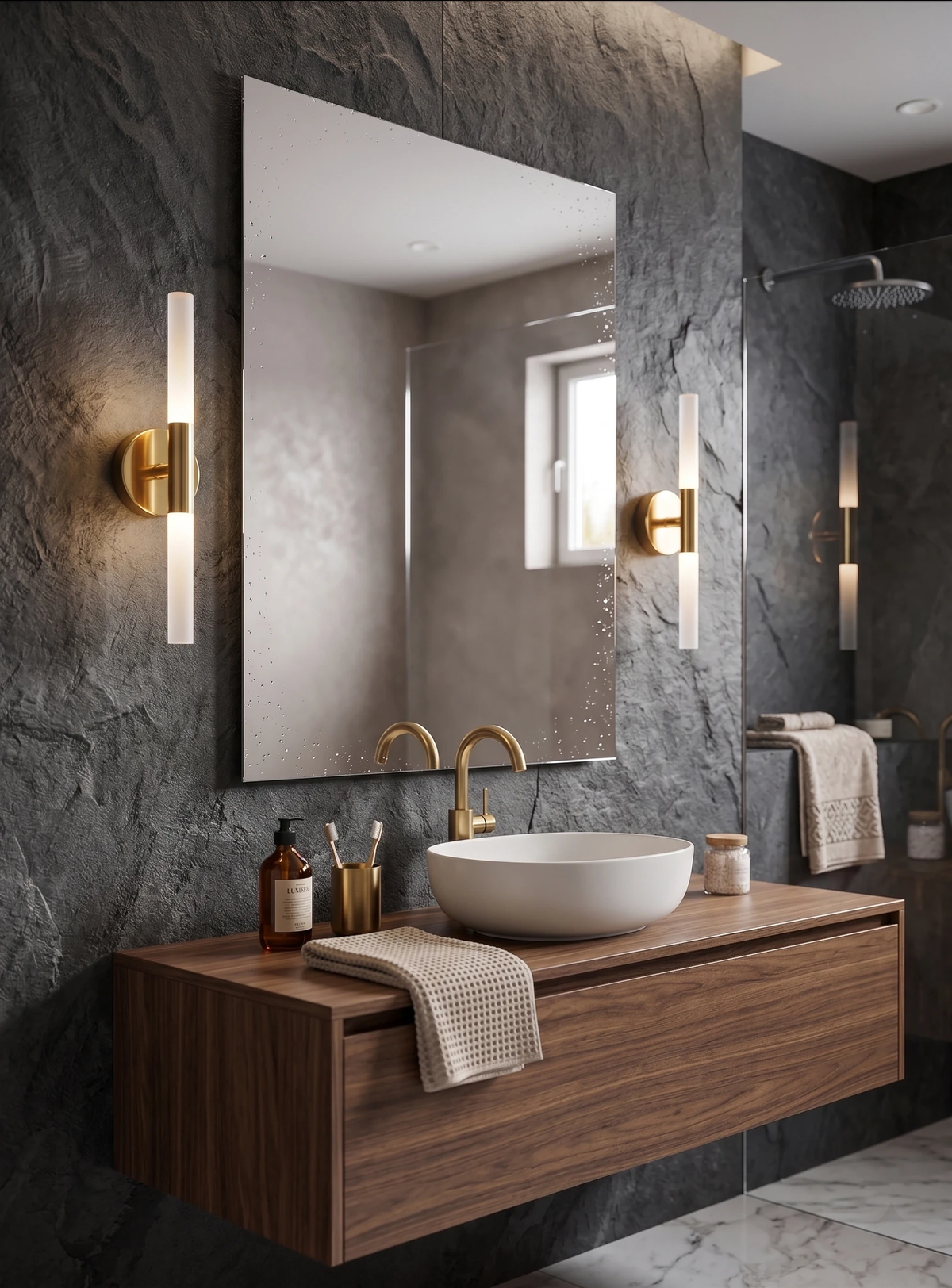Brass wall sconce STELO No.01 in antique gold, two units lit flanking a mirror over a walnut vanity with a basin