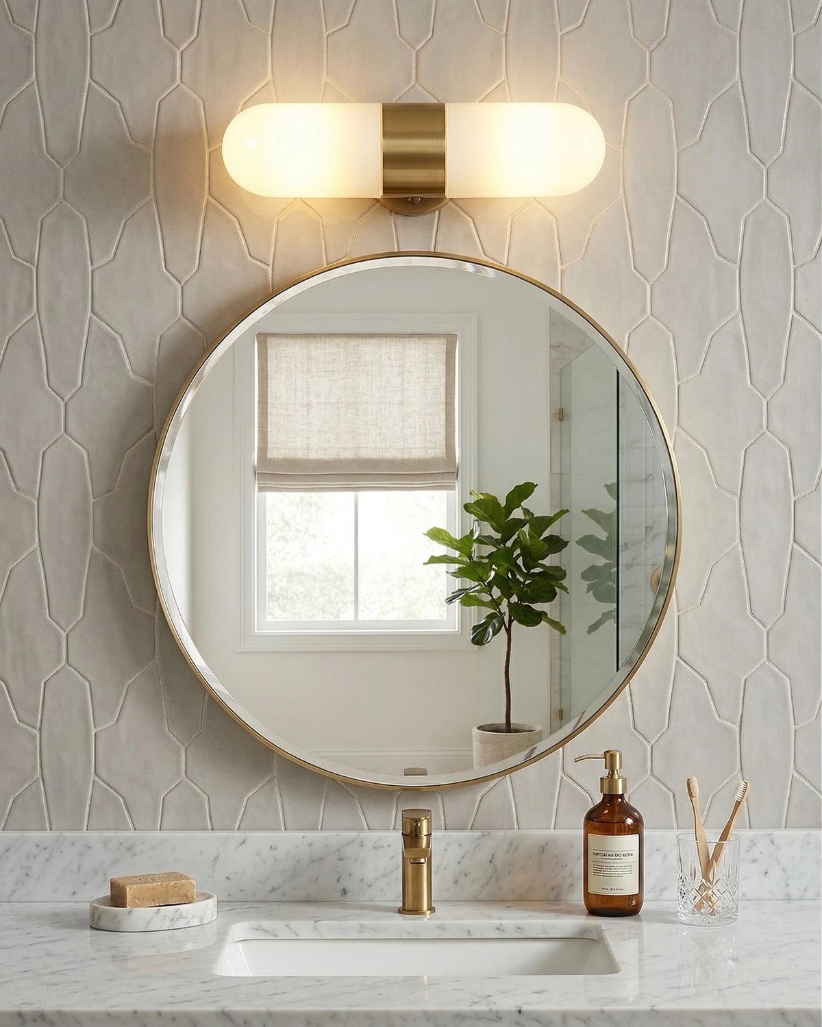 Brass wall sconce COMETA No.01 in brushed brass mounted horizontally over a round mirror above a marble vanity, lit