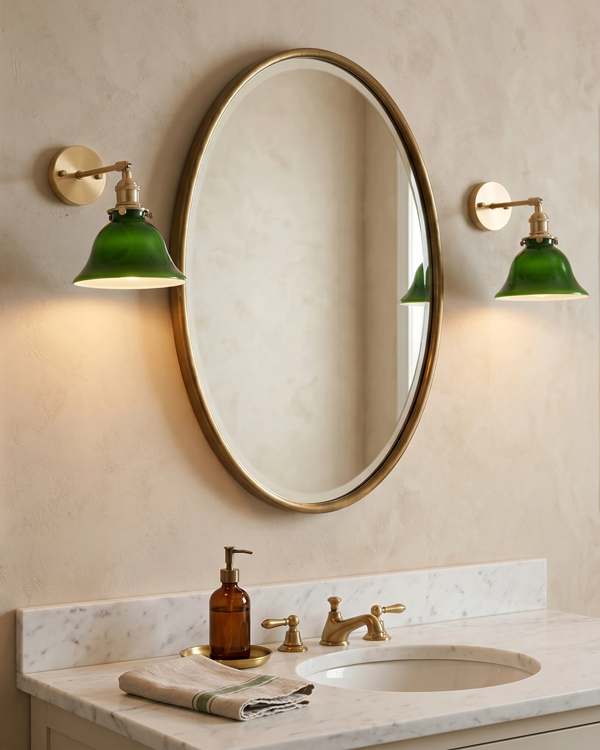 Brass wall sconce DALIA No.04, pair lit either side of an oval mirror above a marble bathroom vanity