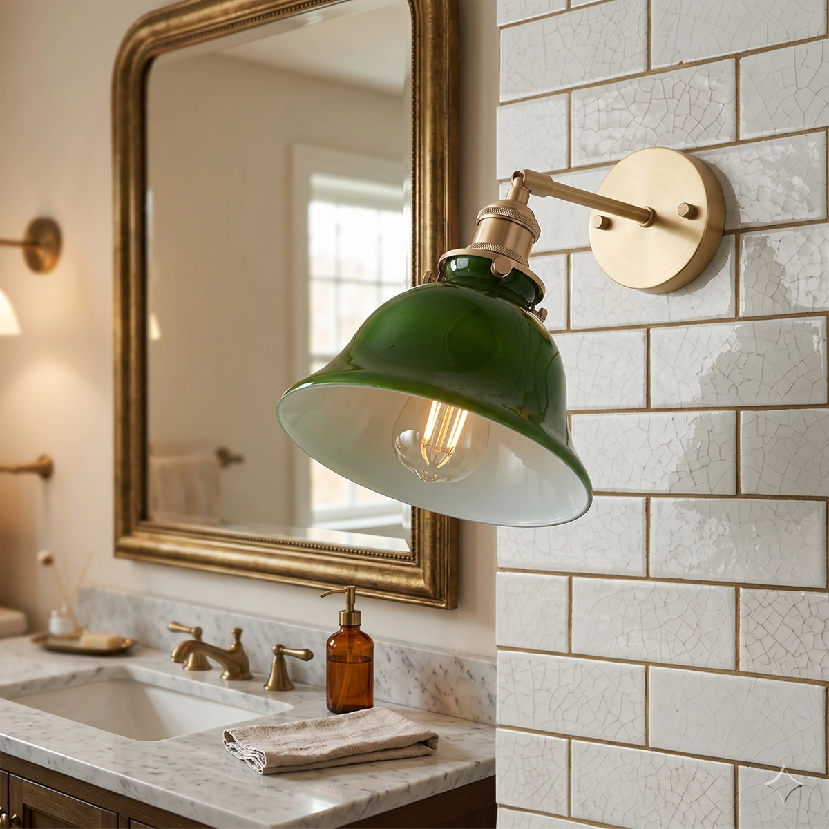 Brass wall sconce DALIA No.04 lit beside a gold framed mirror on a white subway tile bathroom vanity wall