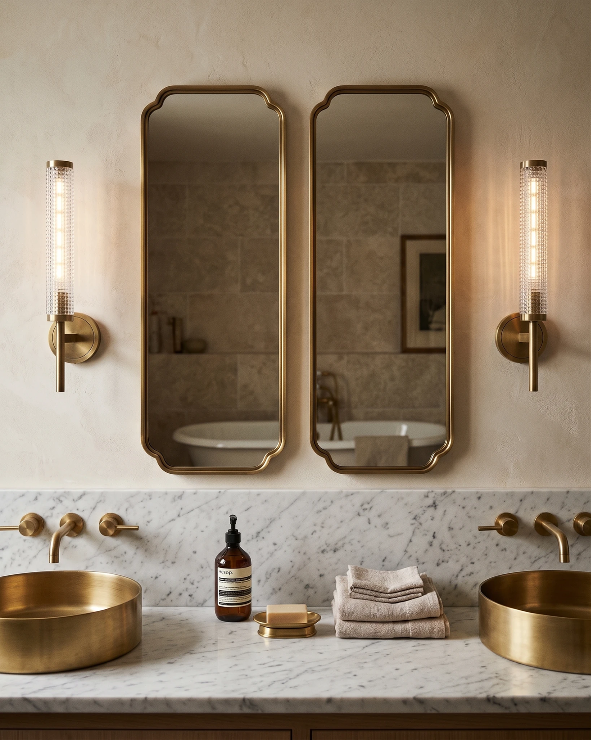 Two brass wall sconces ROMA No.01 lit beside twin mirrors above a stone vanity with brass basins