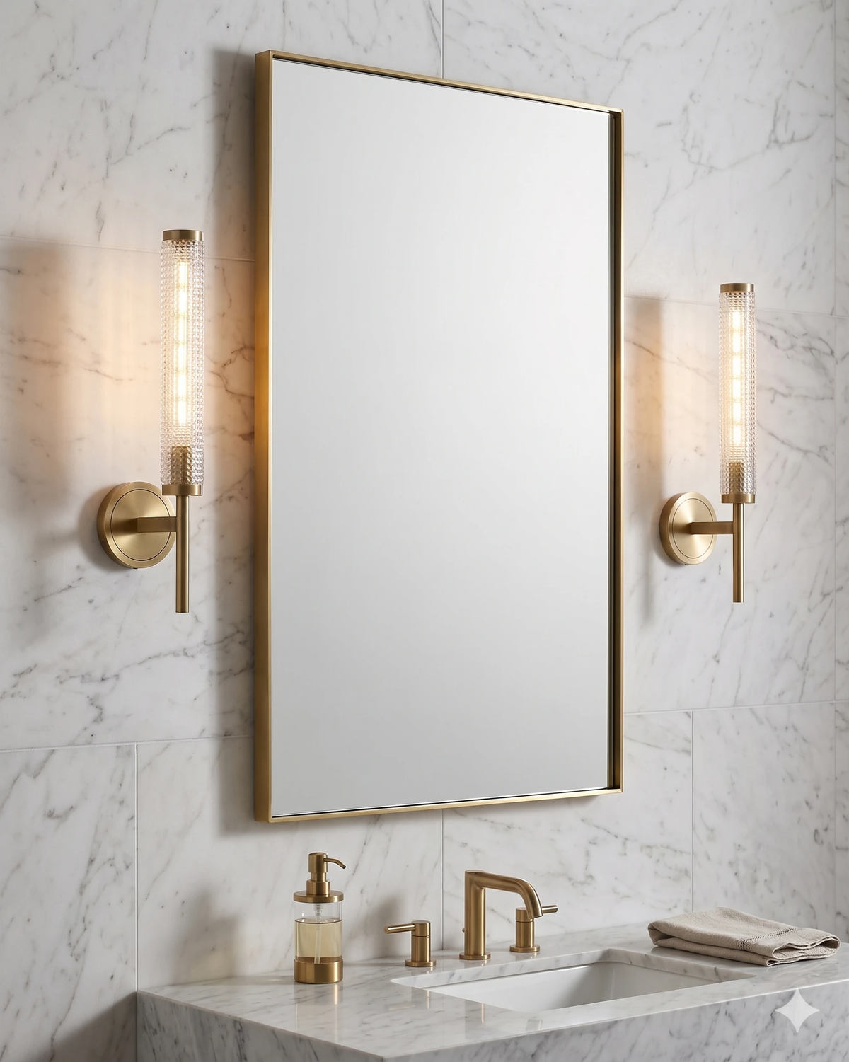 Pair of brass wall sconces ROMA No.01 flanking a mirror on a veined stone wall above a vanity with brass taps