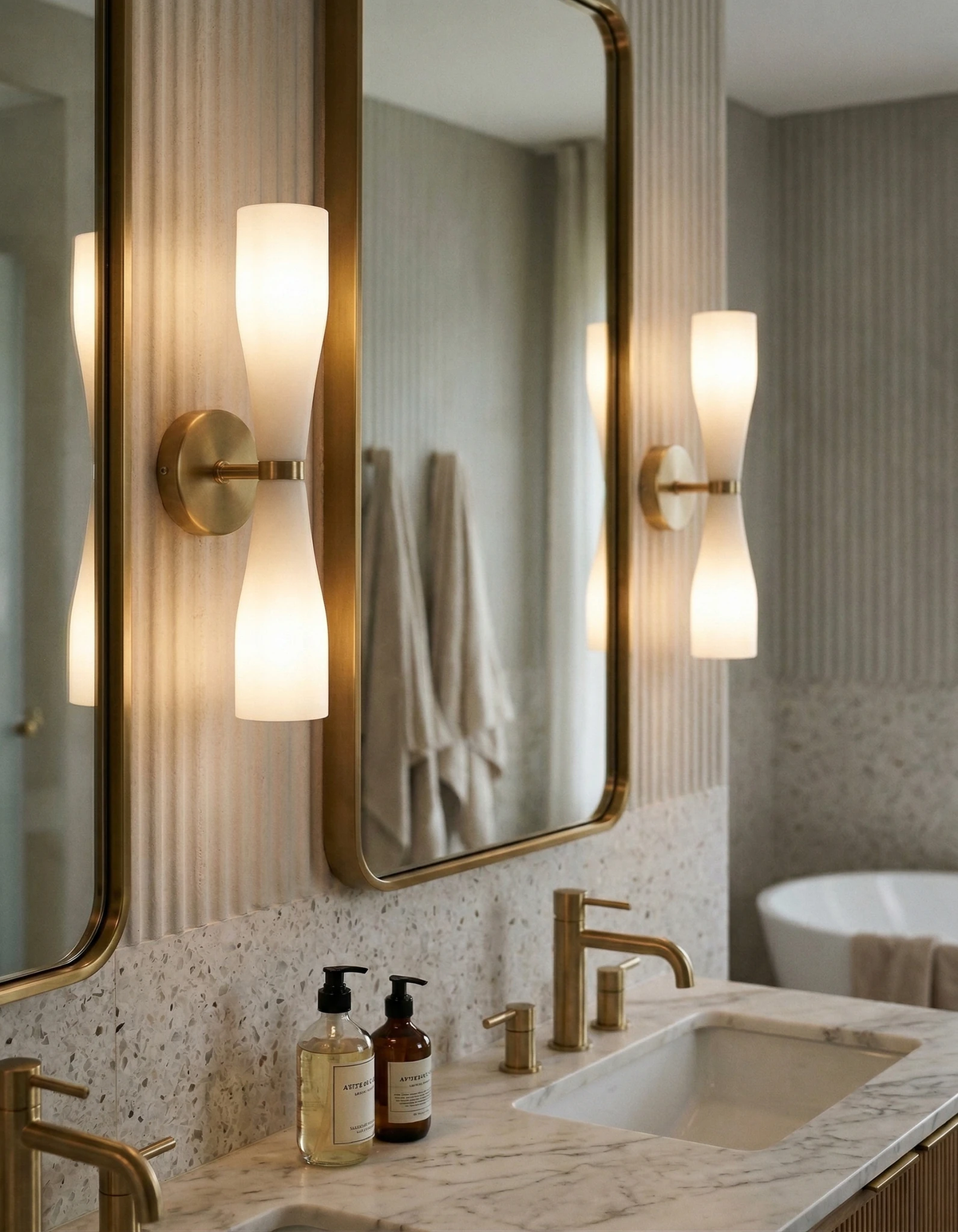 Brass wall sconce DALIA No.02, two warm gold hourglass lights lit on either side of a mirror over a marble vanity