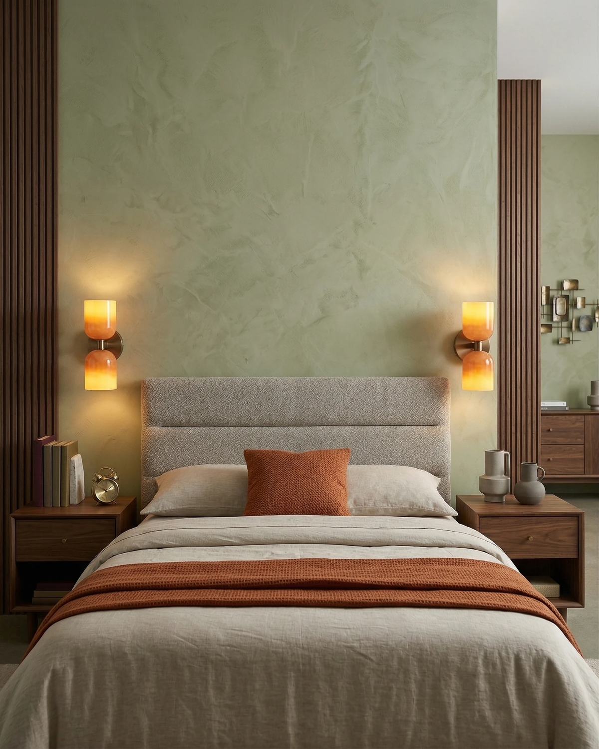 Two brass wall sconces ALDO No.01 lit on either side of a bed with a cream headboard in a sage green room