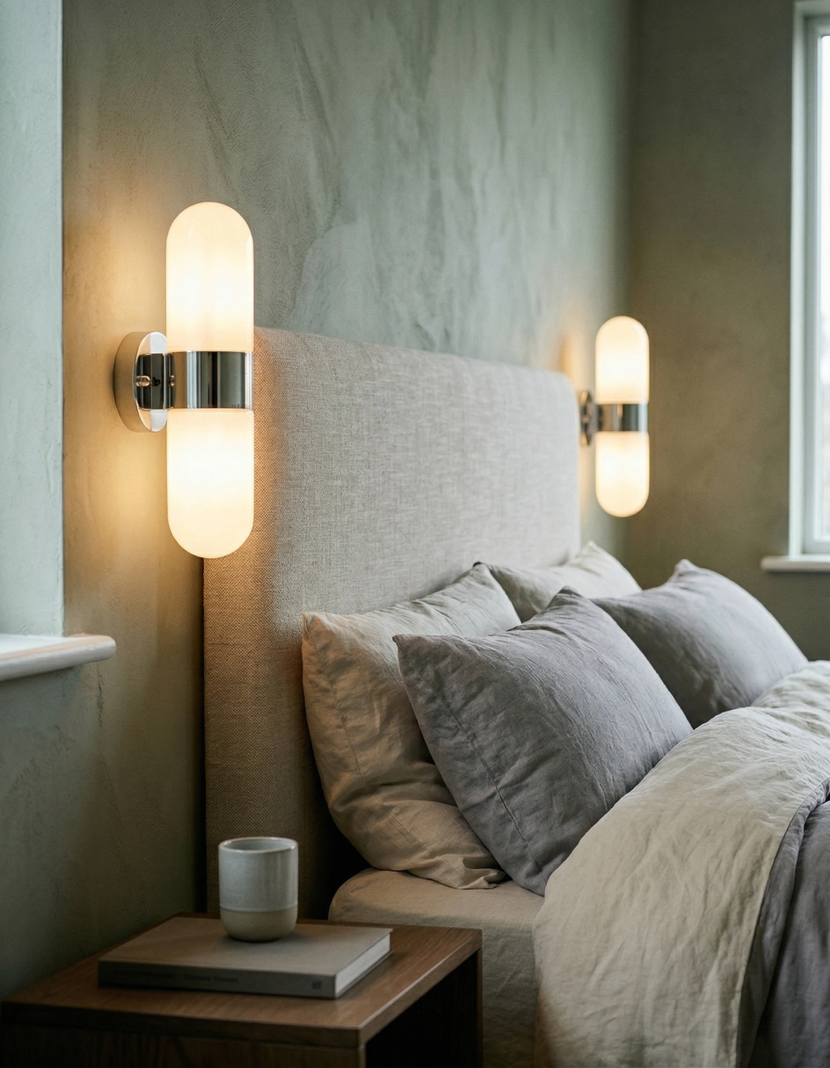 Brass wall sconce COMETA No.01 in polished chrome, a lit pair flanking an upholstered headboard in a bedroom