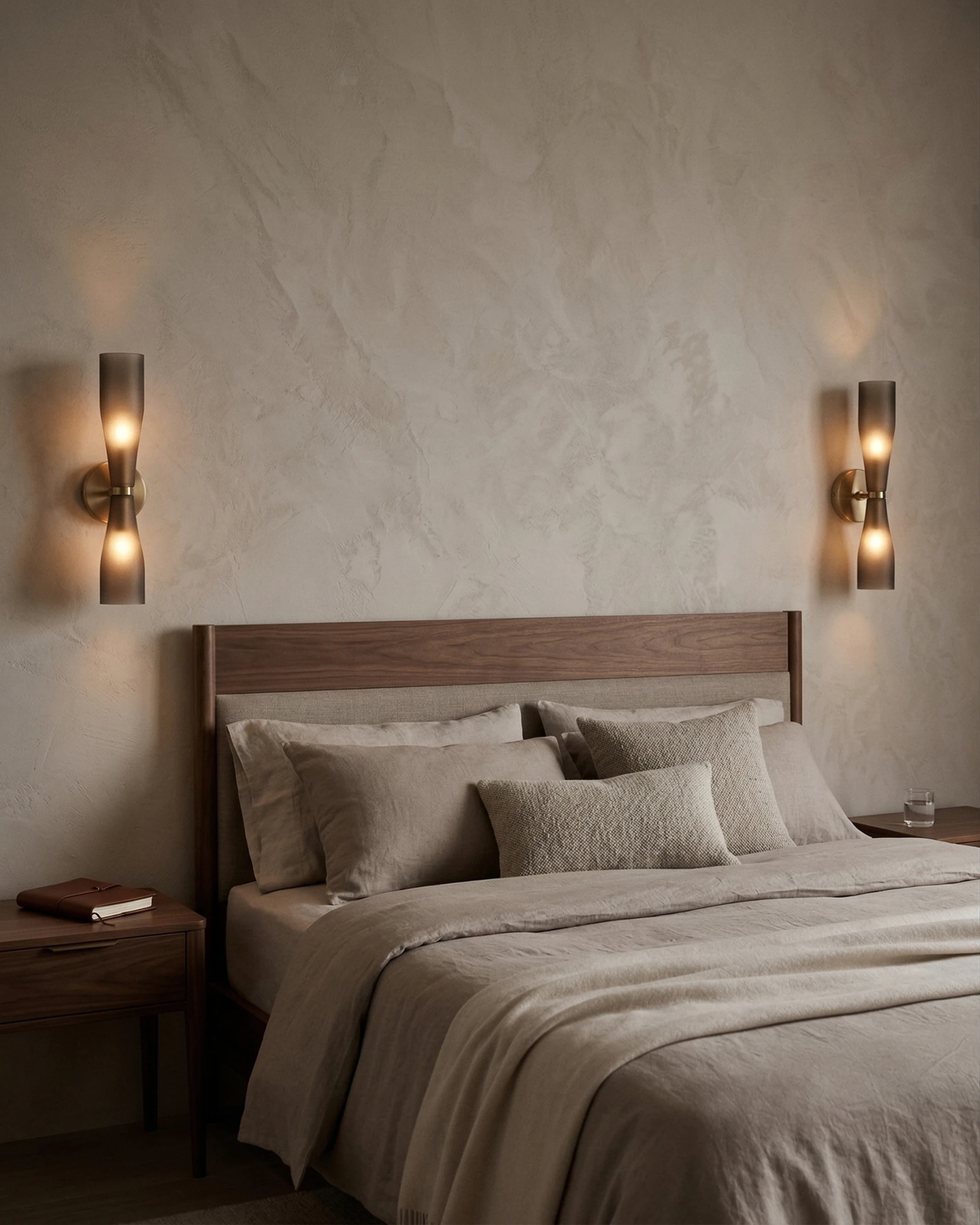 Two brass wall sconces DALIA No.02 in Smoked Gray lit on either side of a bed with a walnut headboard