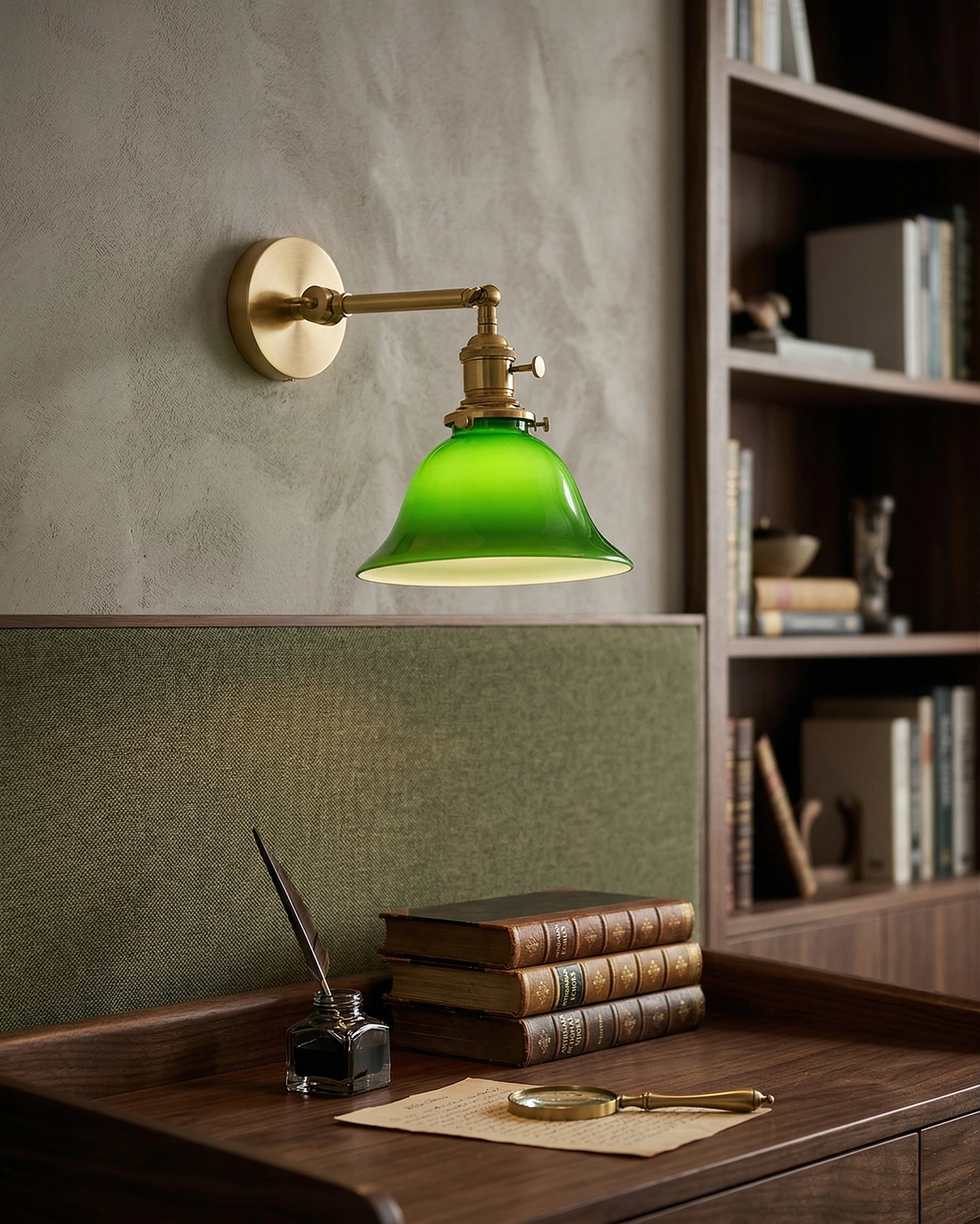 Brass wall sconce DALIA No.04 with emerald glass bell, lit above a wooden desk with books and a bookshelf