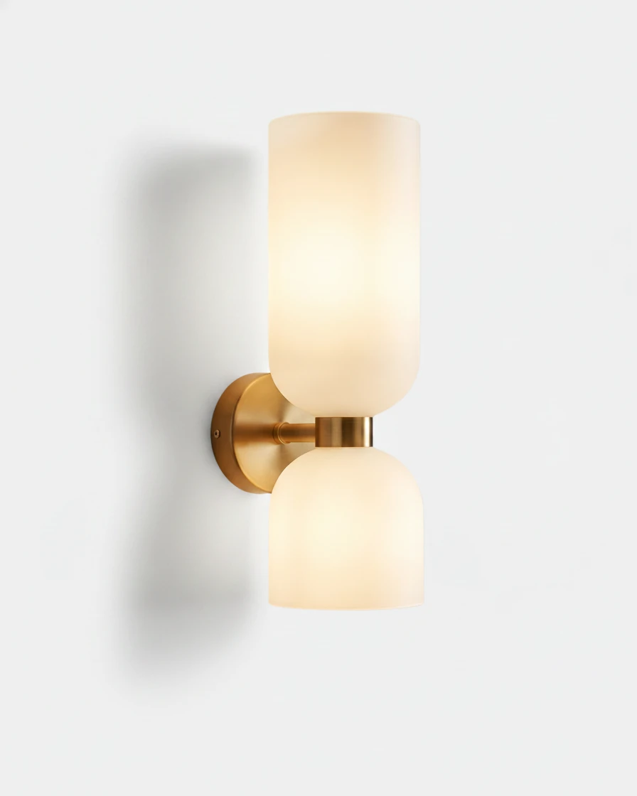 Brass wall sconce DALIA No.01 in Antique Brass with Opal Glass, up and down shades switched on