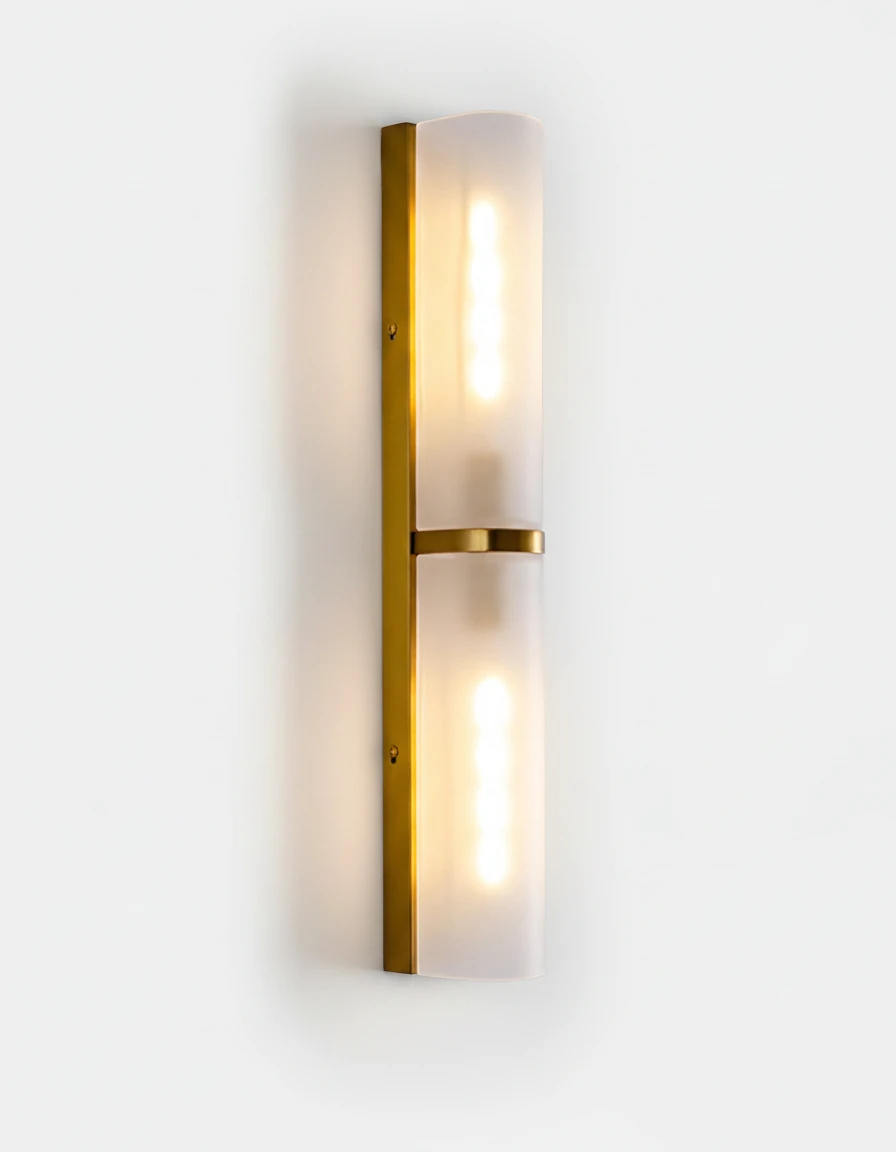 Brass wall sconce PILA No.01 Tall Stacked, two frosted glass shields on an antique brass frame, switched on