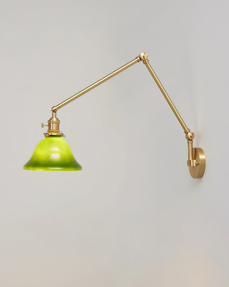 Brass wall sconce DALIA No.04, extending arm stretched out horizontally with the green glass bell lit