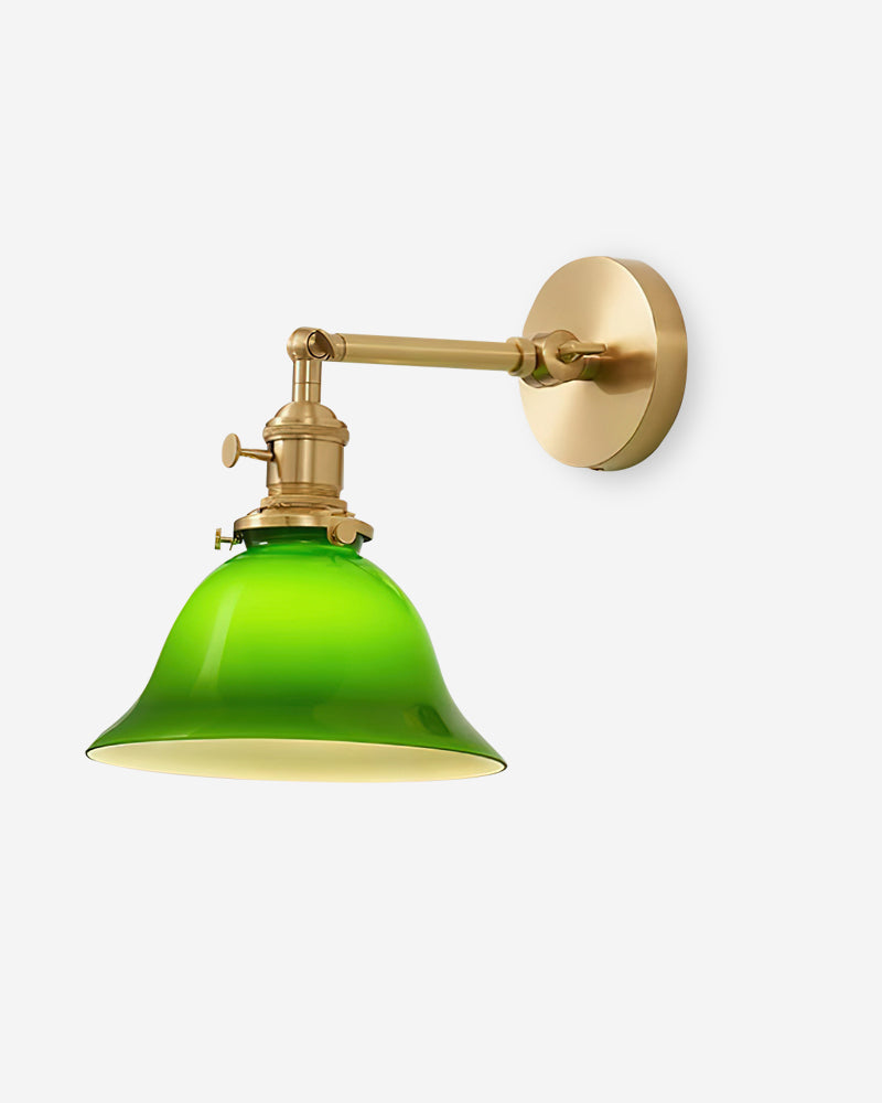 Brass wall sconce DALIA No.04, fixed arm with an emerald green glass bell shade, switched on