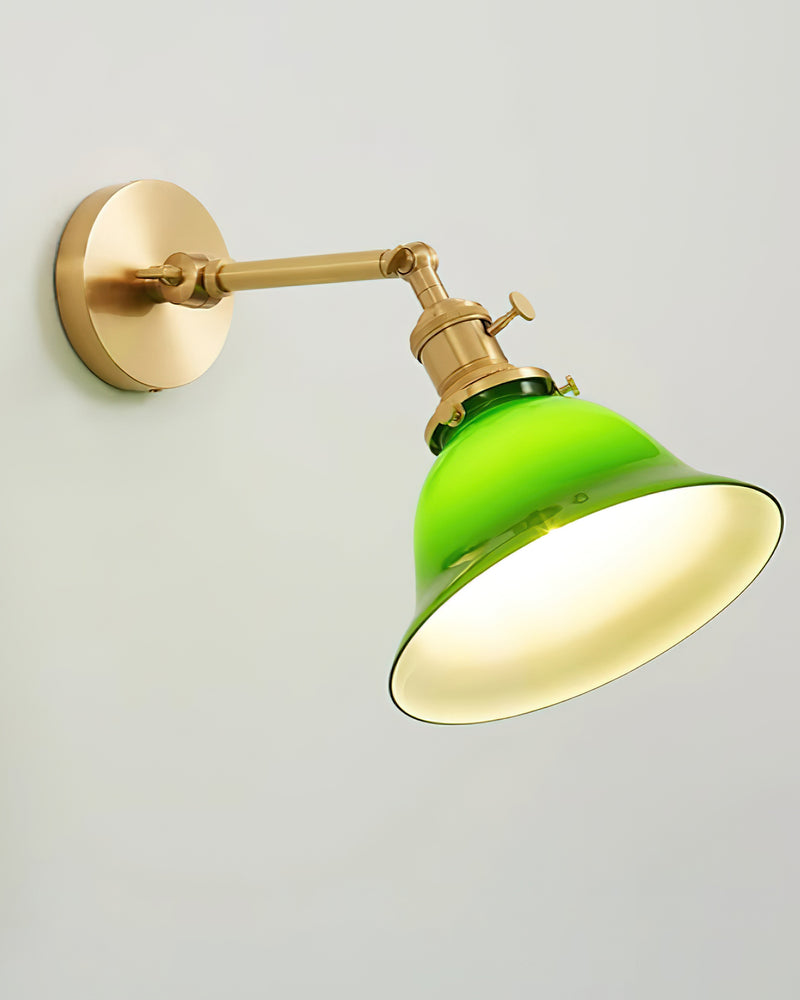 Brass wall sconce DALIA No.04, fixed arm with the lit emerald bell tilted downward