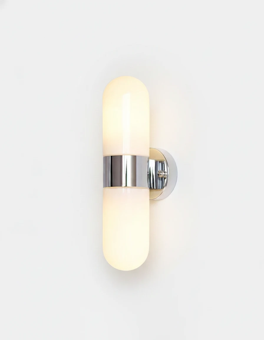 Brass wall sconce COMETA No.01 in Polished Chrome, two opal capsules on a chrome band, switched on