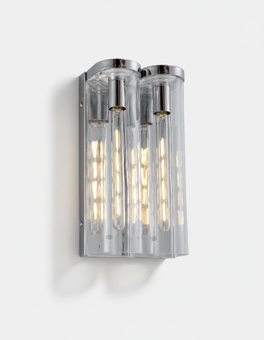 Brass wall sconce PILA No.01 Twin Shields in clear glass with polished chrome caps, filament bulbs lit