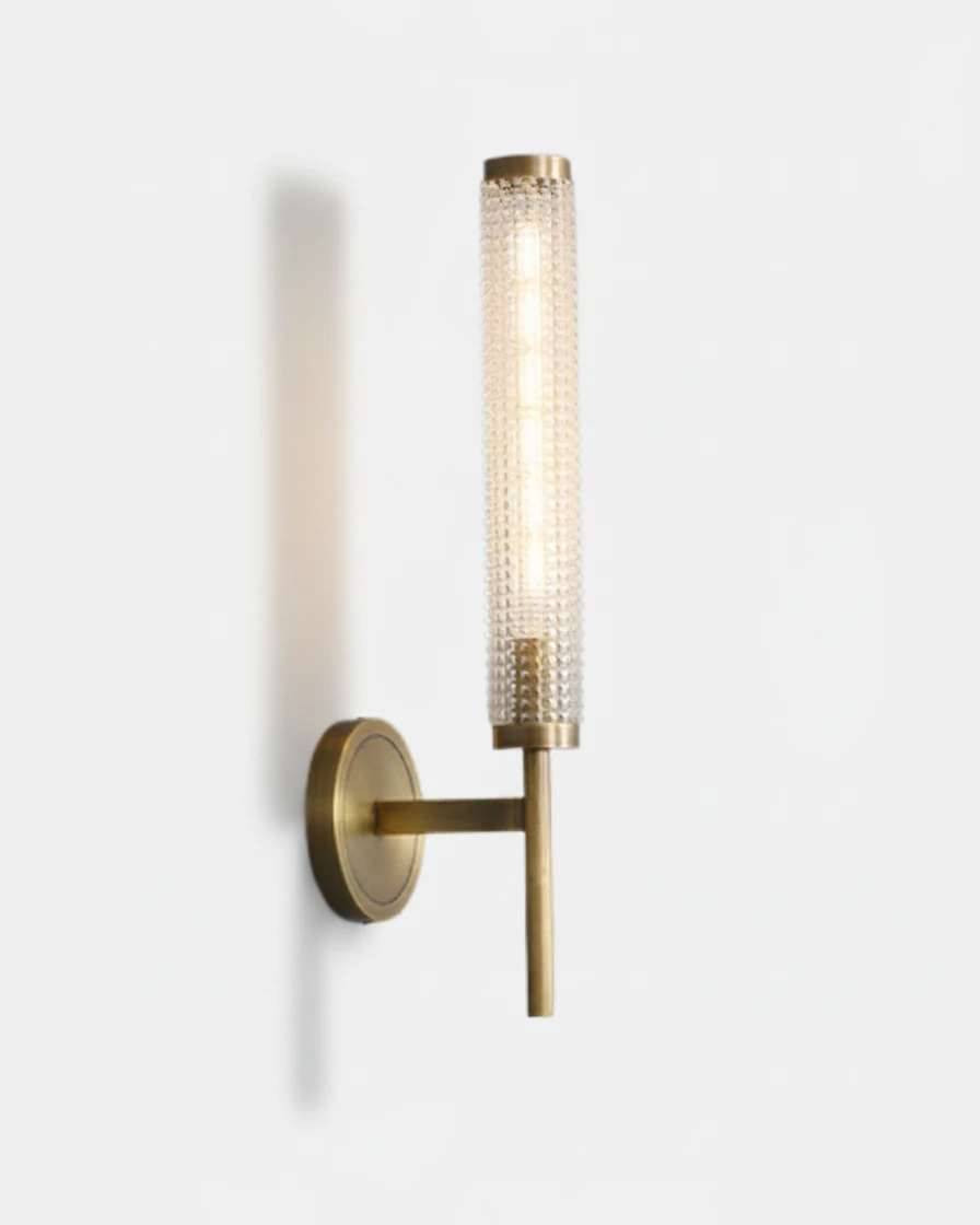 Brass wall sconce ROMA No.01 single cylinder, diamond-textured glass tube lit on a brass tube and disc