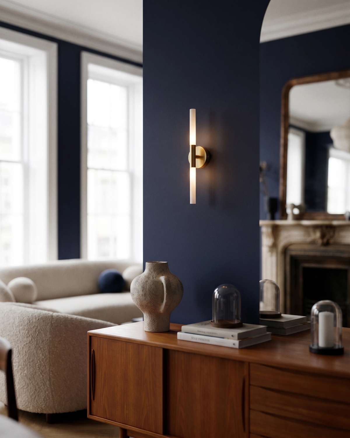 Brass wall sconce STELO No.01 in antique gold, lit on a navy wall above a walnut sideboard in a living room