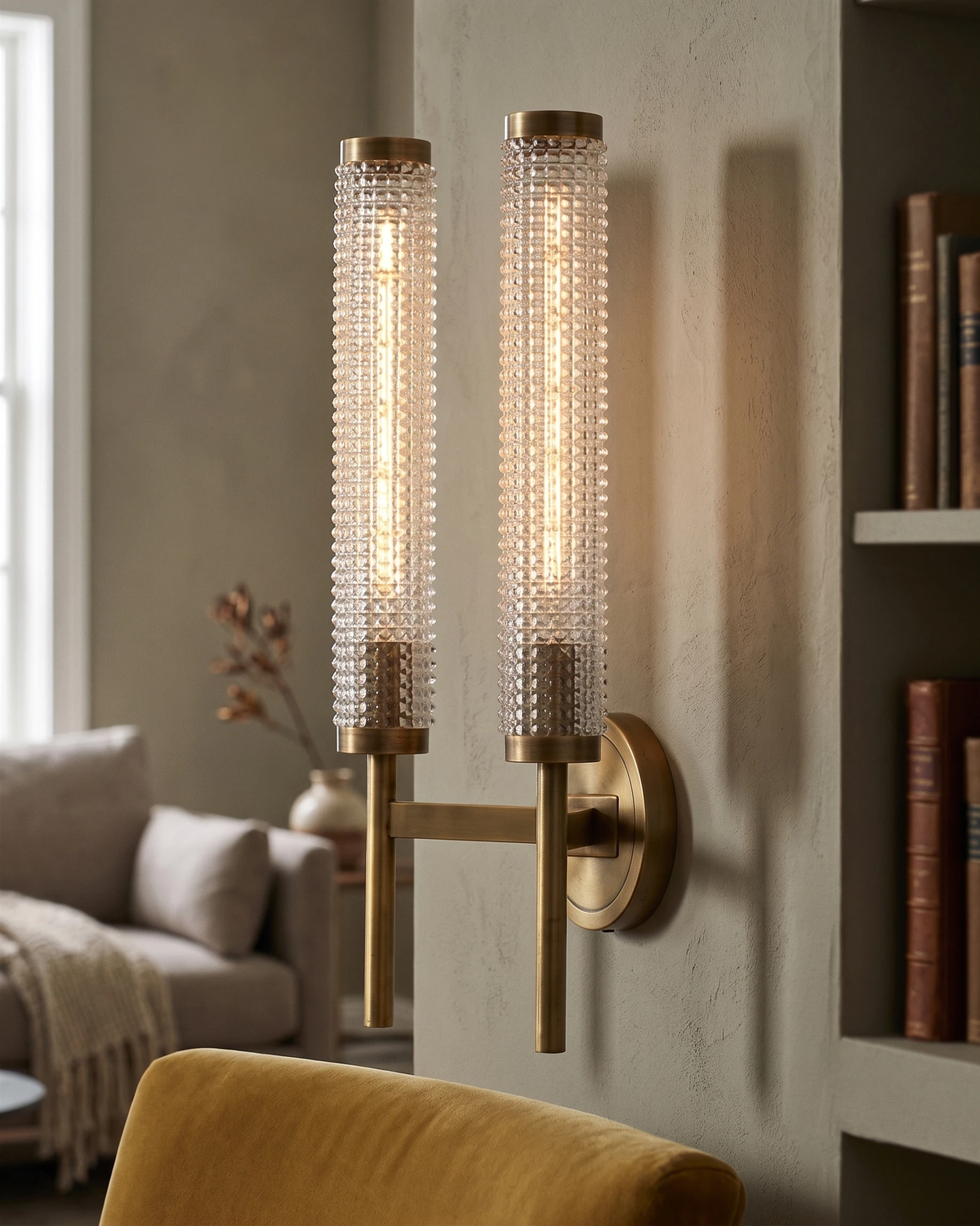 Brass wall sconce ROMA No.01 double cylinder lit beside a bookshelf and a mustard armchair