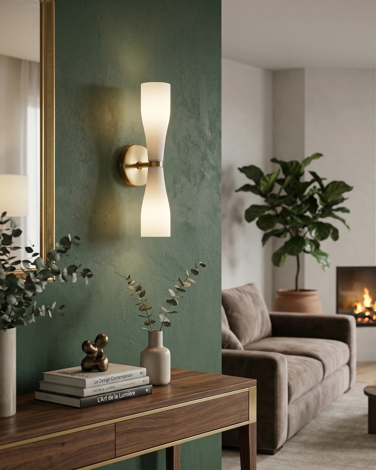 Brass wall sconce DALIA No.02 switched on against a green wall above a walnut console in a living room