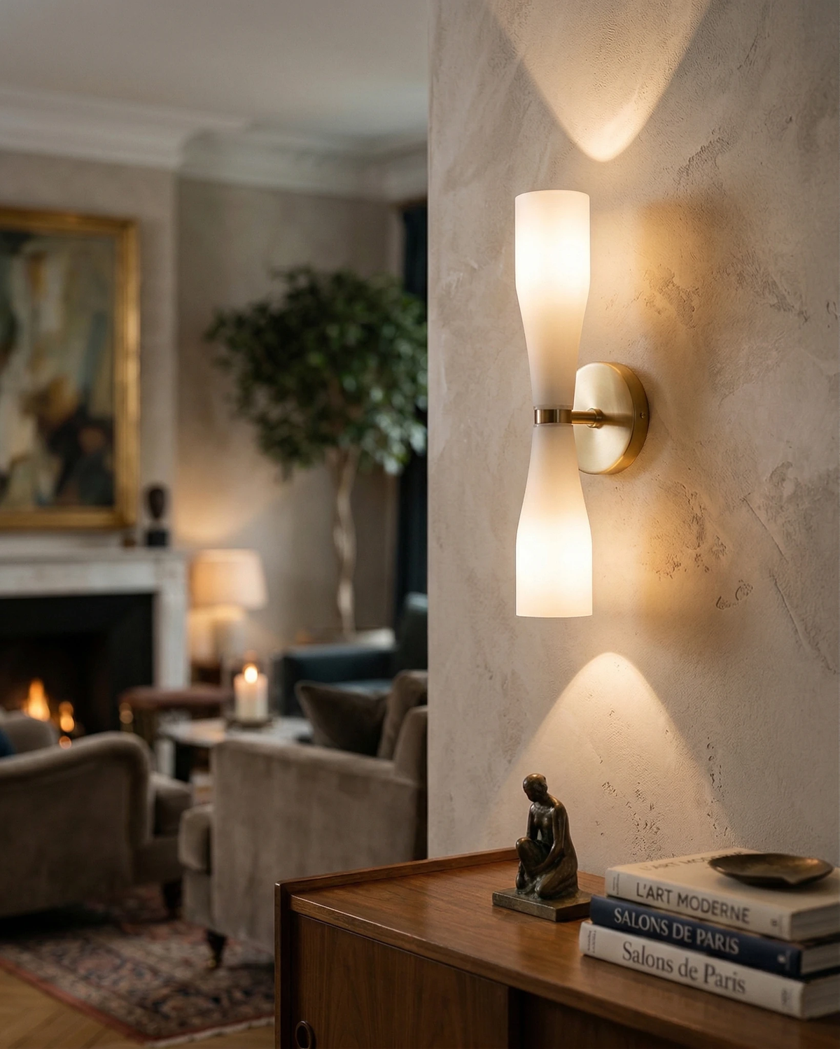 Brass wall sconce DALIA No.02 glowing on a plaster wall above a wood cabinet with books, fireplace behind