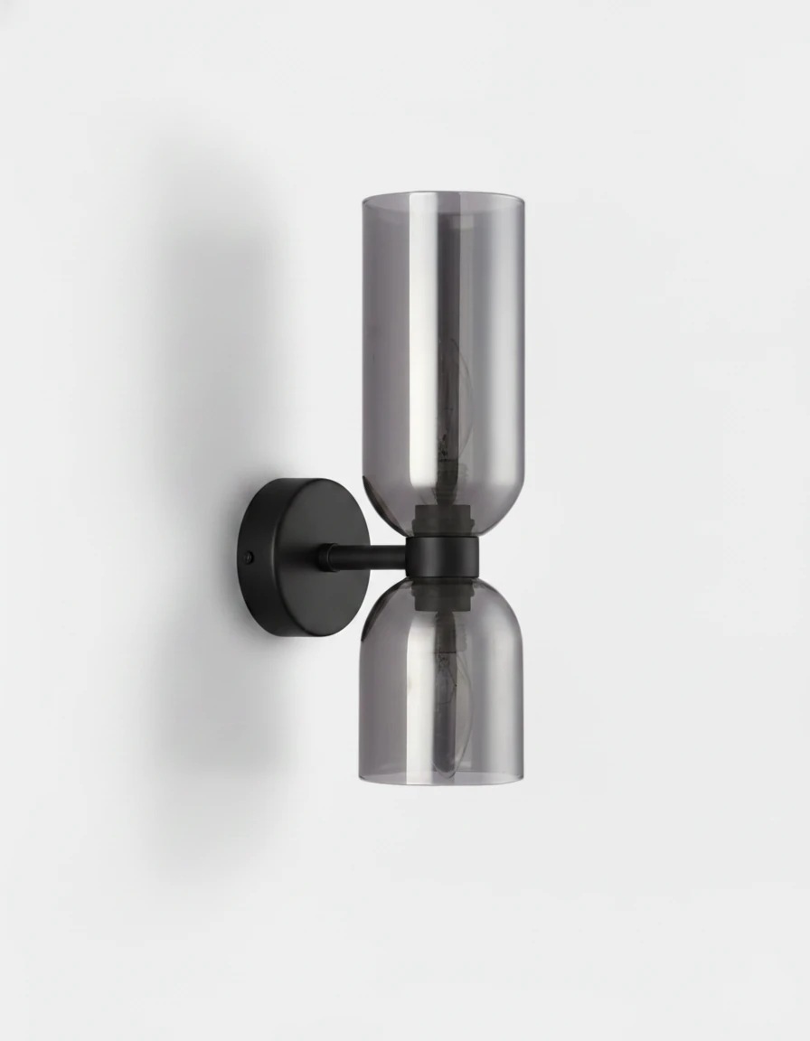 Brass wall sconce DALIA No.01 in Matte Black with Smoked Glass, gray glass shades on a black arm, unlit