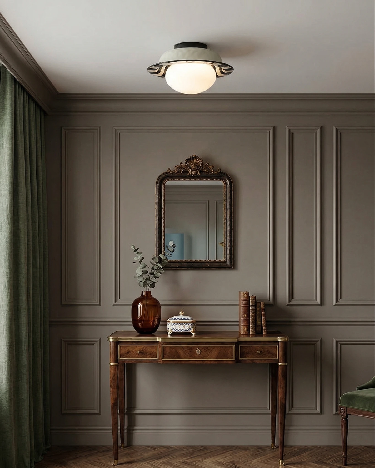 Ceramic flush mount ceiling light OLEA No.02 lit on the ceiling of a paneled entry with an antique console and mirror