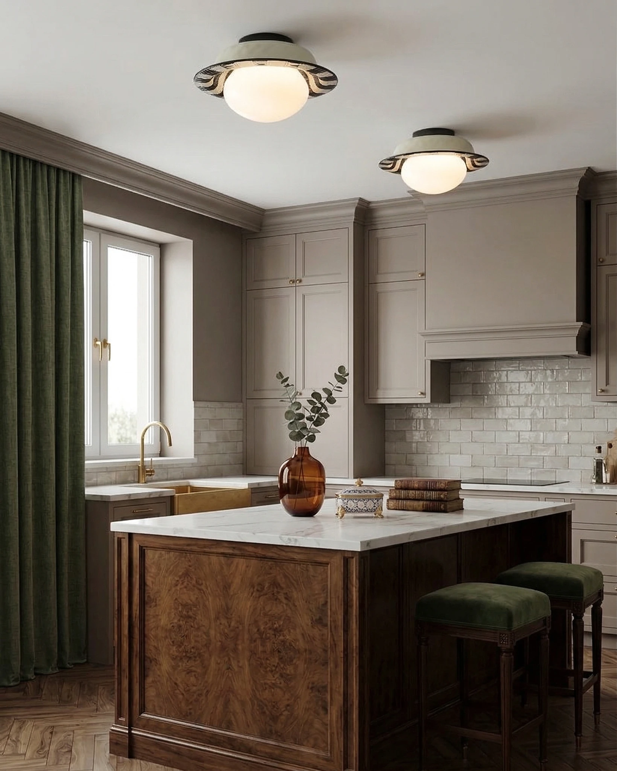 Ceramic flush mount ceiling light OLEA No.02, two units lit on the ceiling of a gray kitchen with a wood island