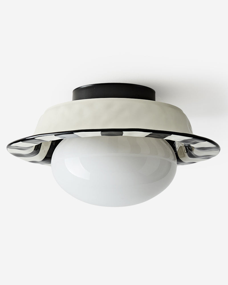 Ceramic flush mount ceiling light OLEA No.02, white ceramic corolla with chrome petals and opal globe, unlit