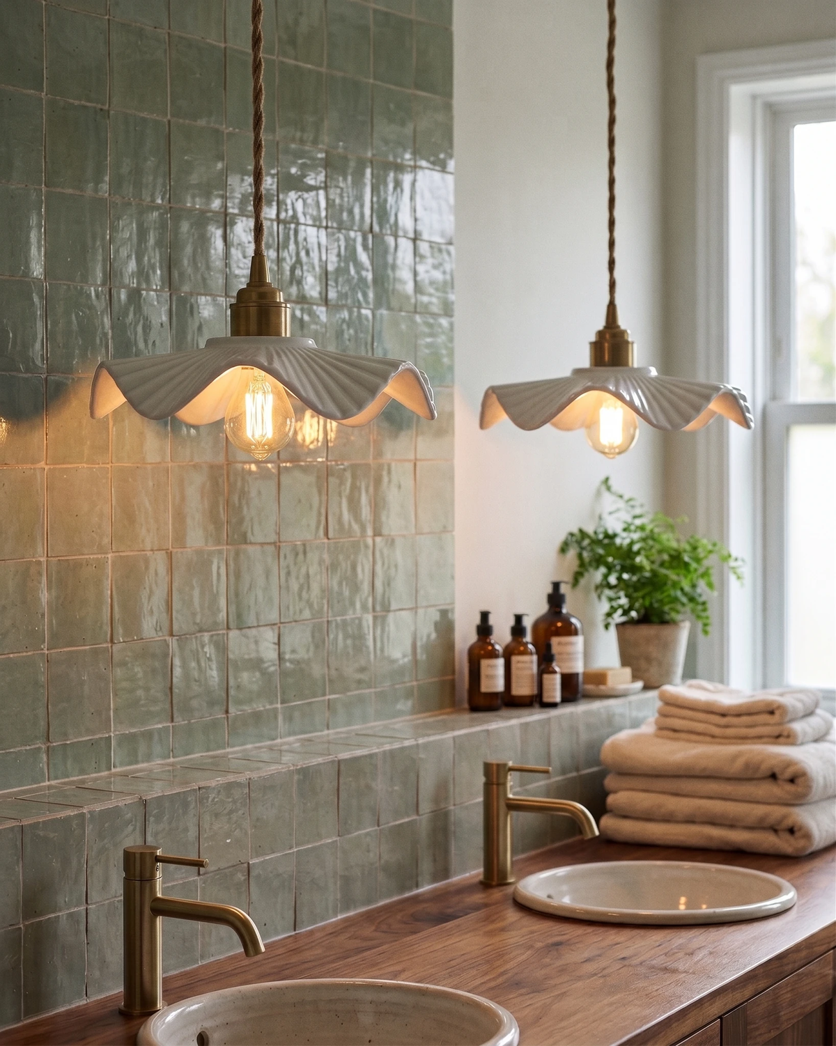 Ceramic pendant light ALBA No.01, two lit petal shades over a wooden vanity with green zellige tile and brass taps