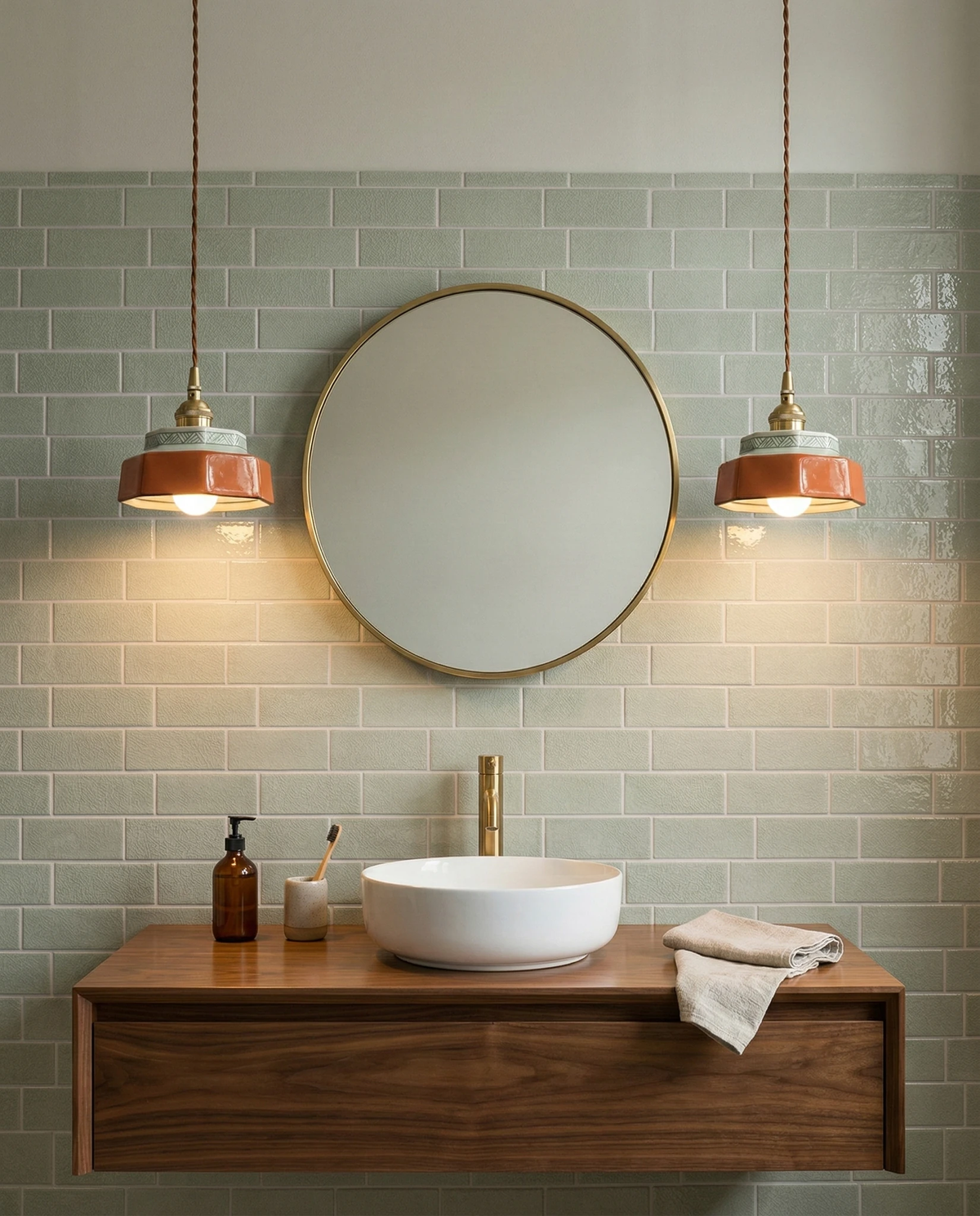Pair of ceramic pendant lights RAGUSA No.01 in oxblood red flanking a round mirror above a vessel sink vanity