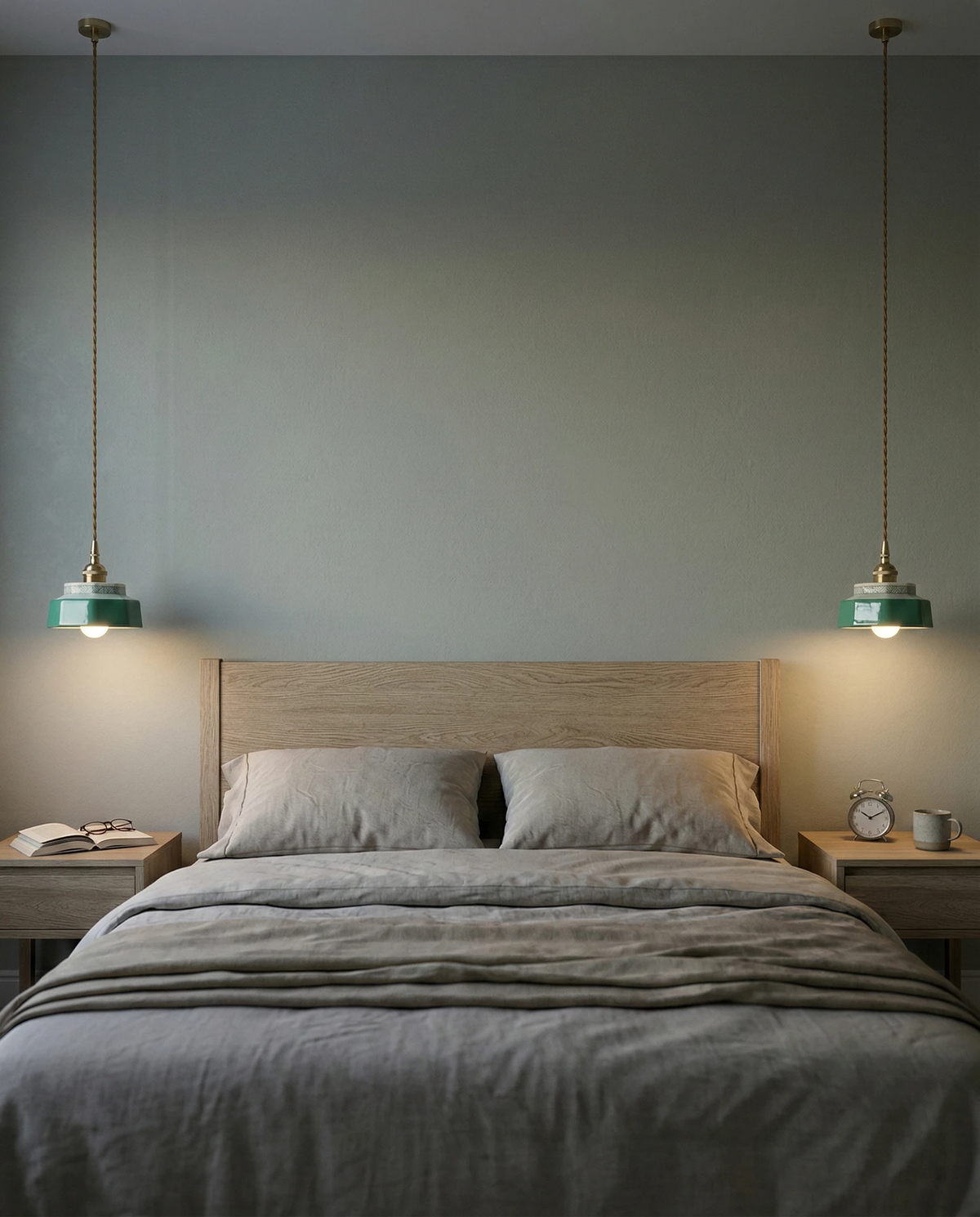 Two ceramic pendant lights RAGUSA No.01 in forest green hanging as bedside lights over nightstands by a bed