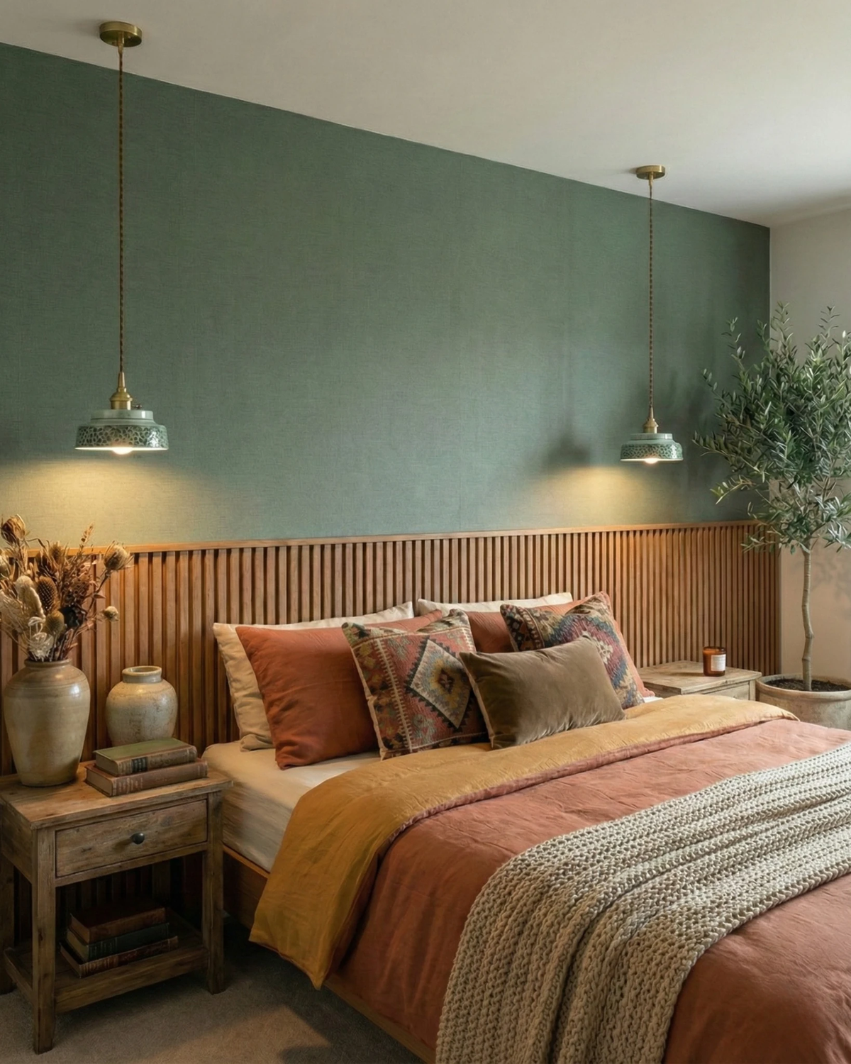 Two ceramic pendant lights RAGUSA No.02 hung on a green wall either side of a slatted headboard with rust bedding