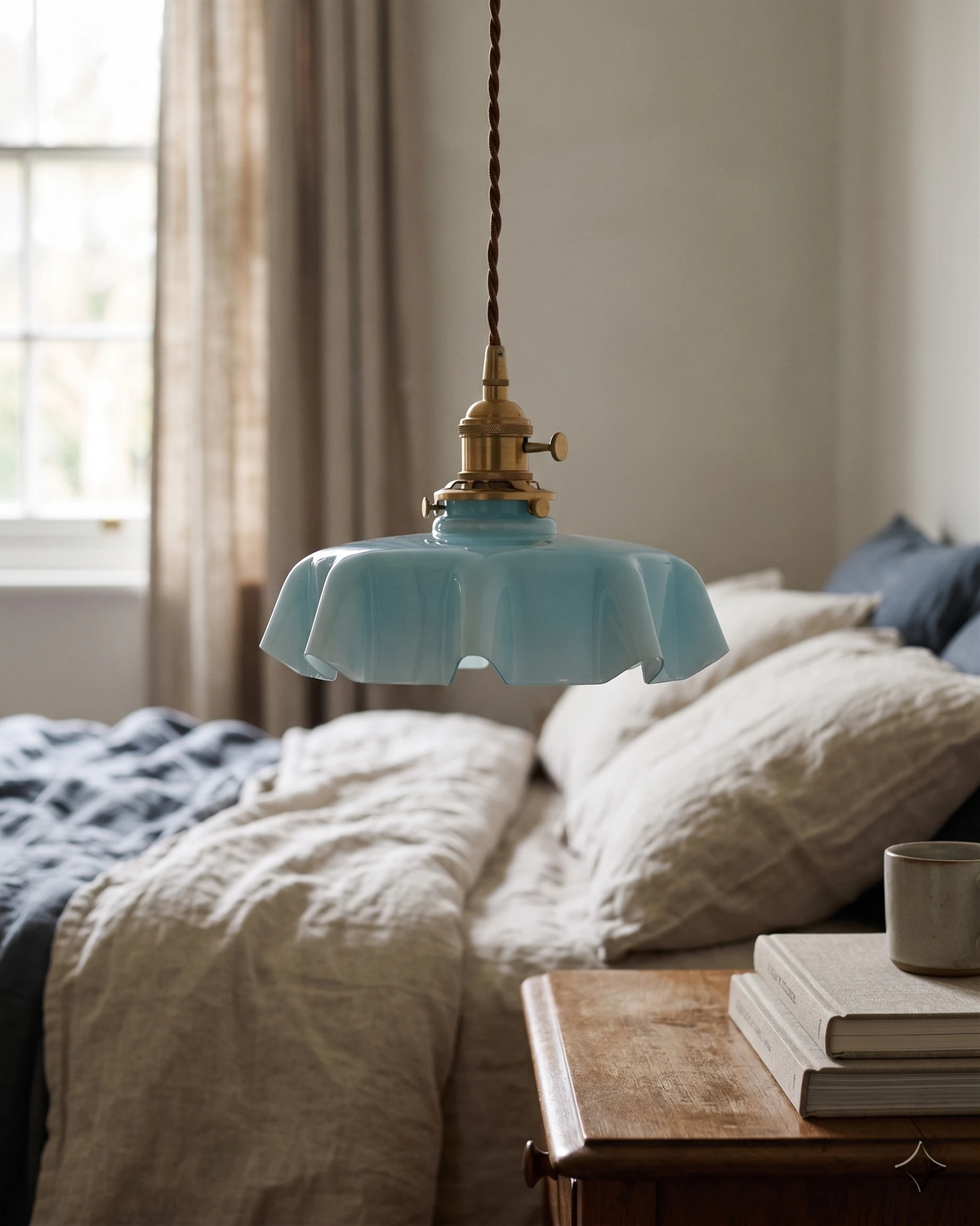 Ceramic pendant light CORA No.01 in sky blue lit above a bed with linen bedding and a nightstand of books