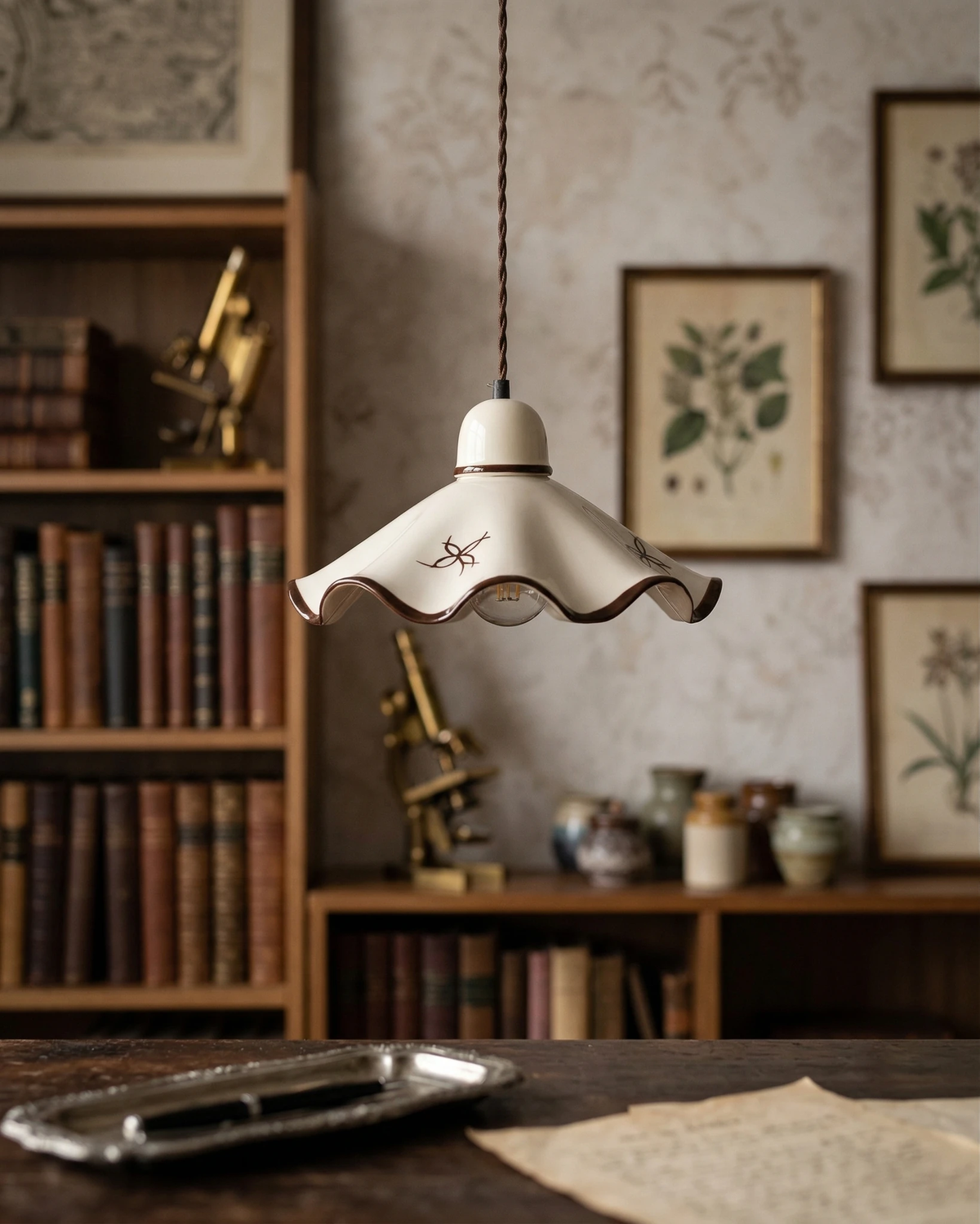 Ceramic pendant light CAPRI No.01 hanging over a desk in front of shelves of antique books and botanical prints