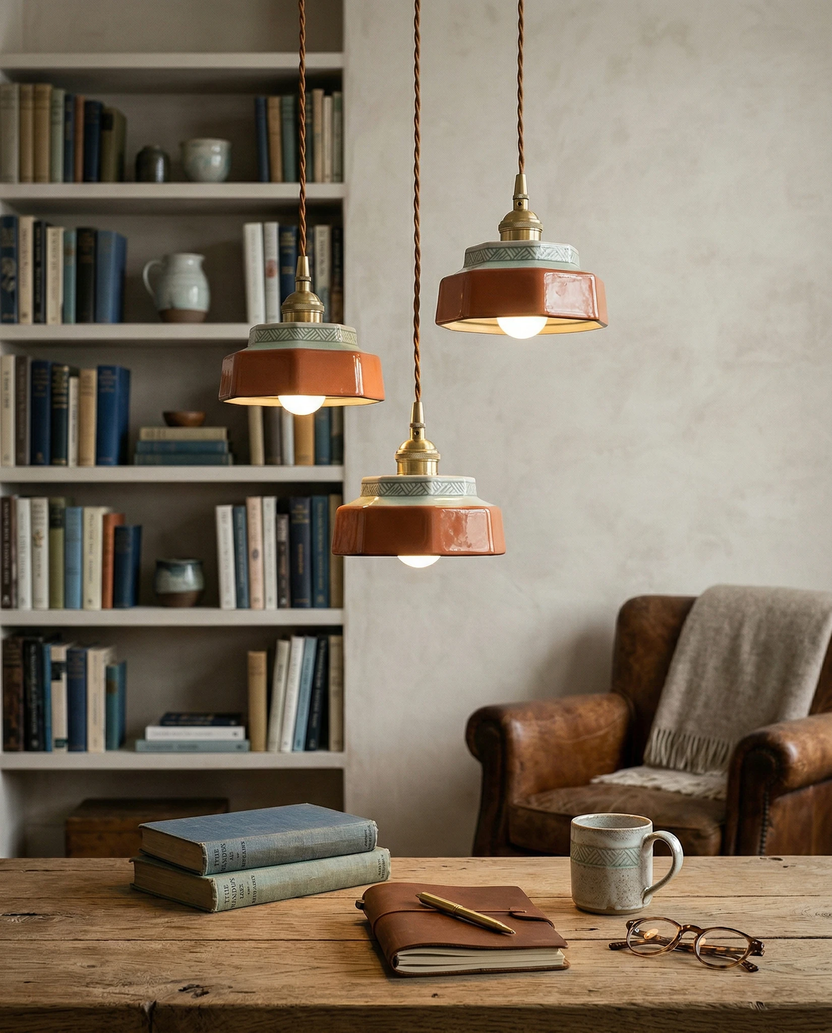 Three ceramic pendant lights RAGUSA No.01 in oxblood red lit over a wood desk beside bookshelves and a leather chair
