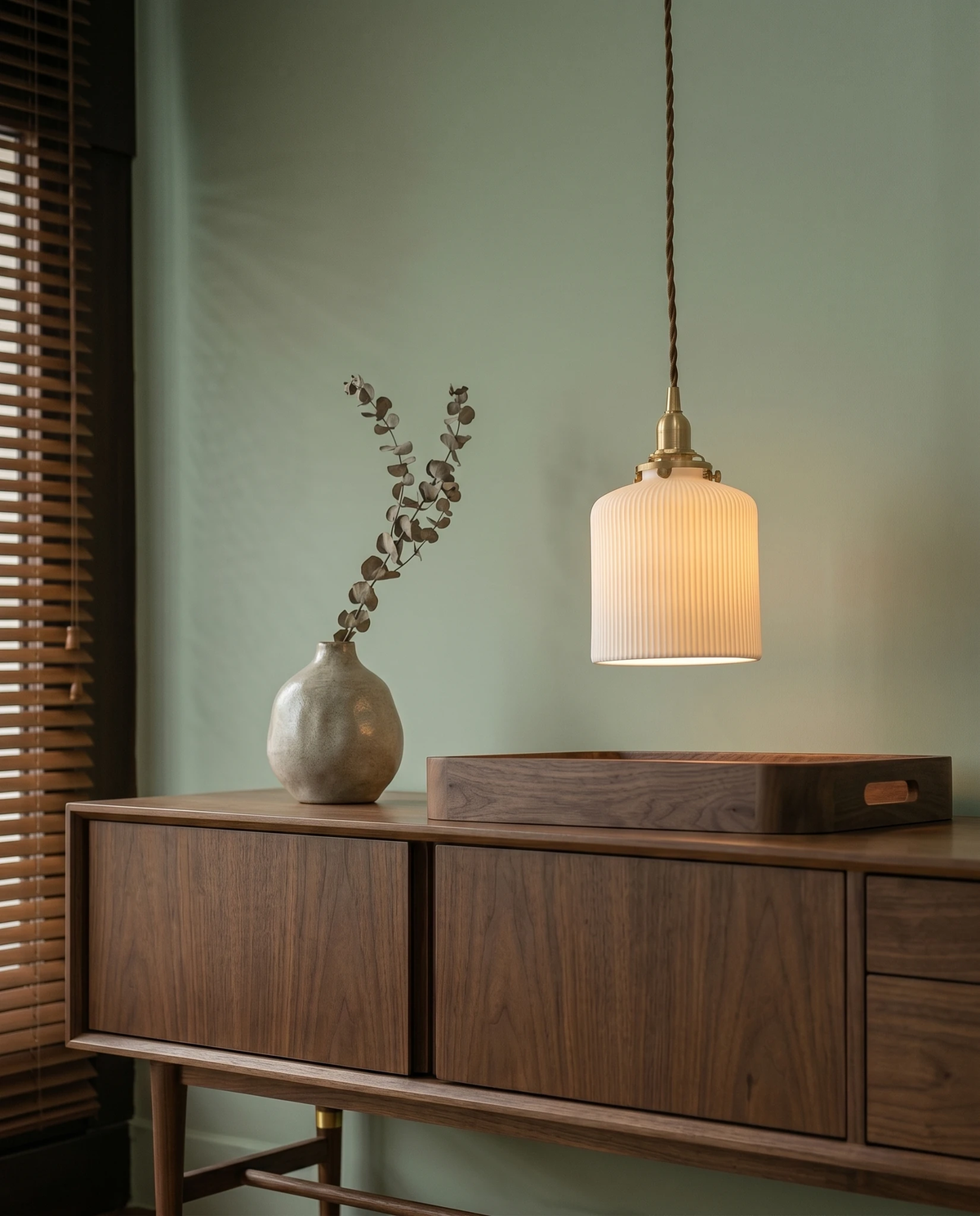 Ceramic pendant light SERA No.01 lit above a walnut sideboard and a vase of dried stems against a sage green wall