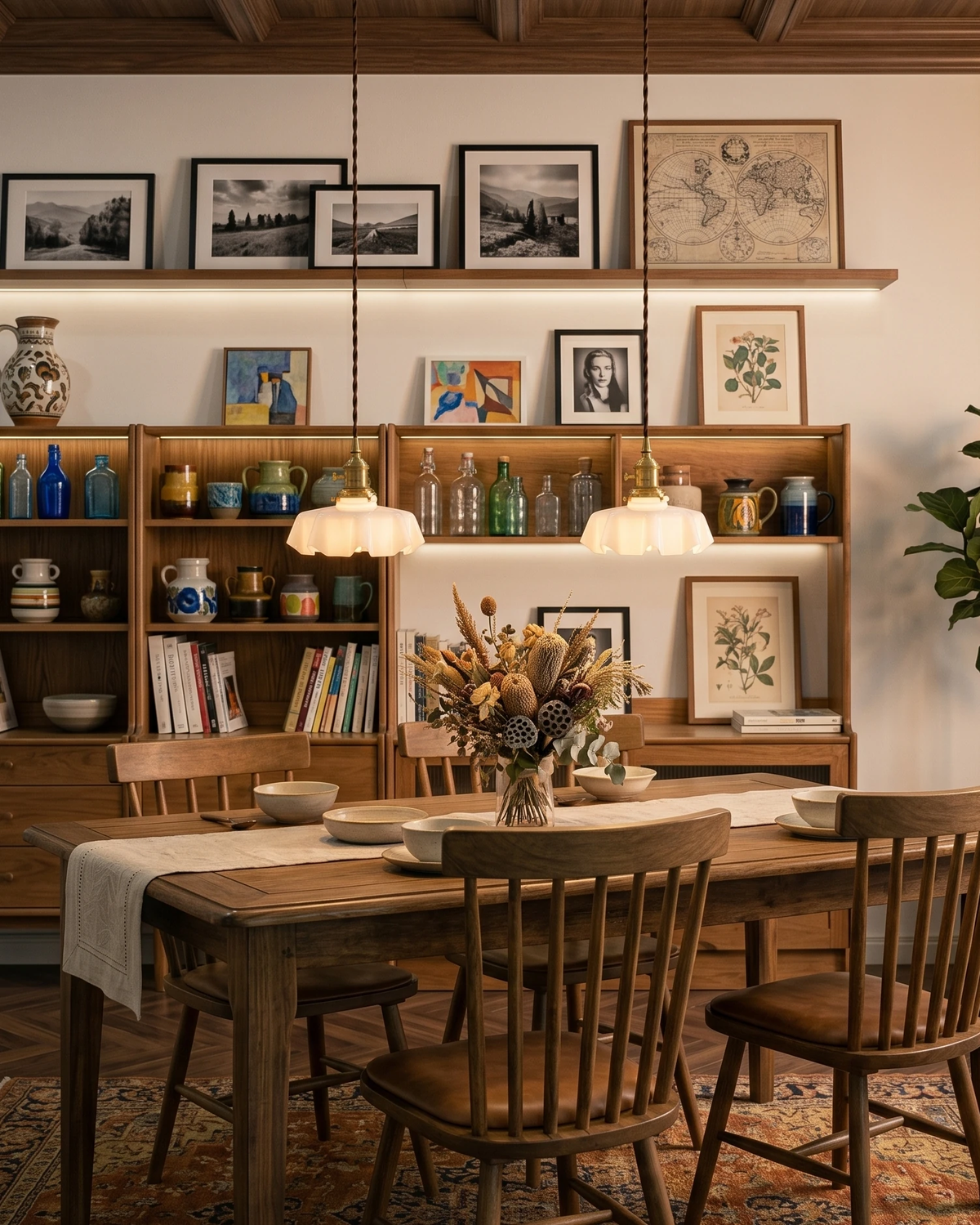 Ceramic pendant light CORA No.01 in bone white lit over a wooden dining table with shelves and framed art behind